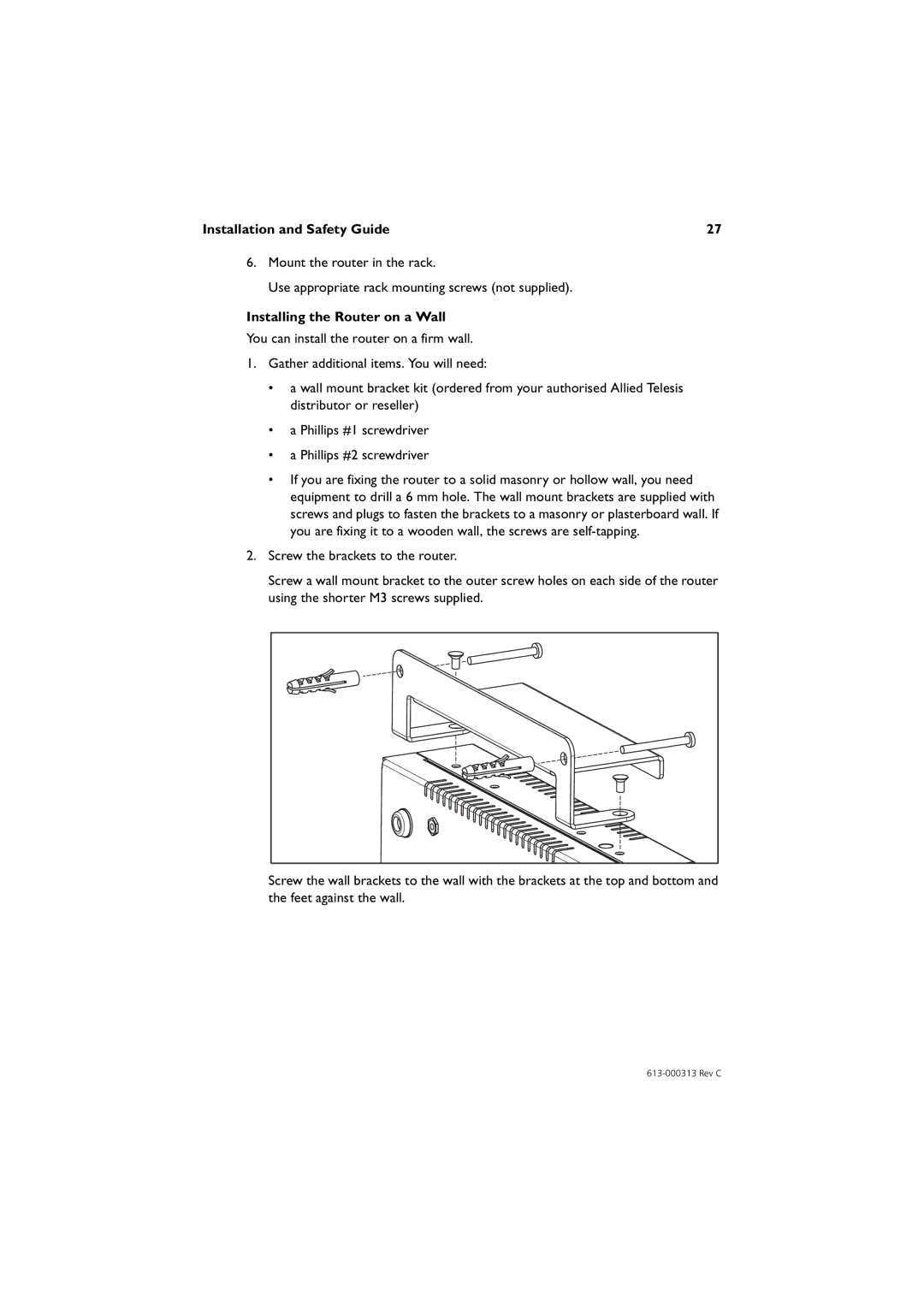 Allied Telesis AR400 series manual Installing the Router on a Wall 