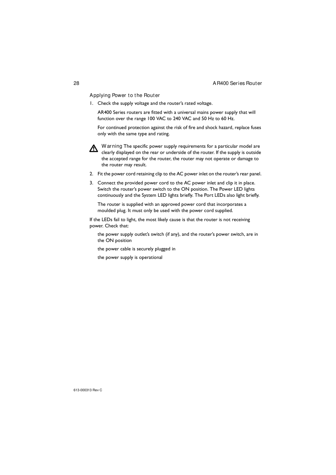 Allied Telesis AR400 series manual Applying Power to the Router 