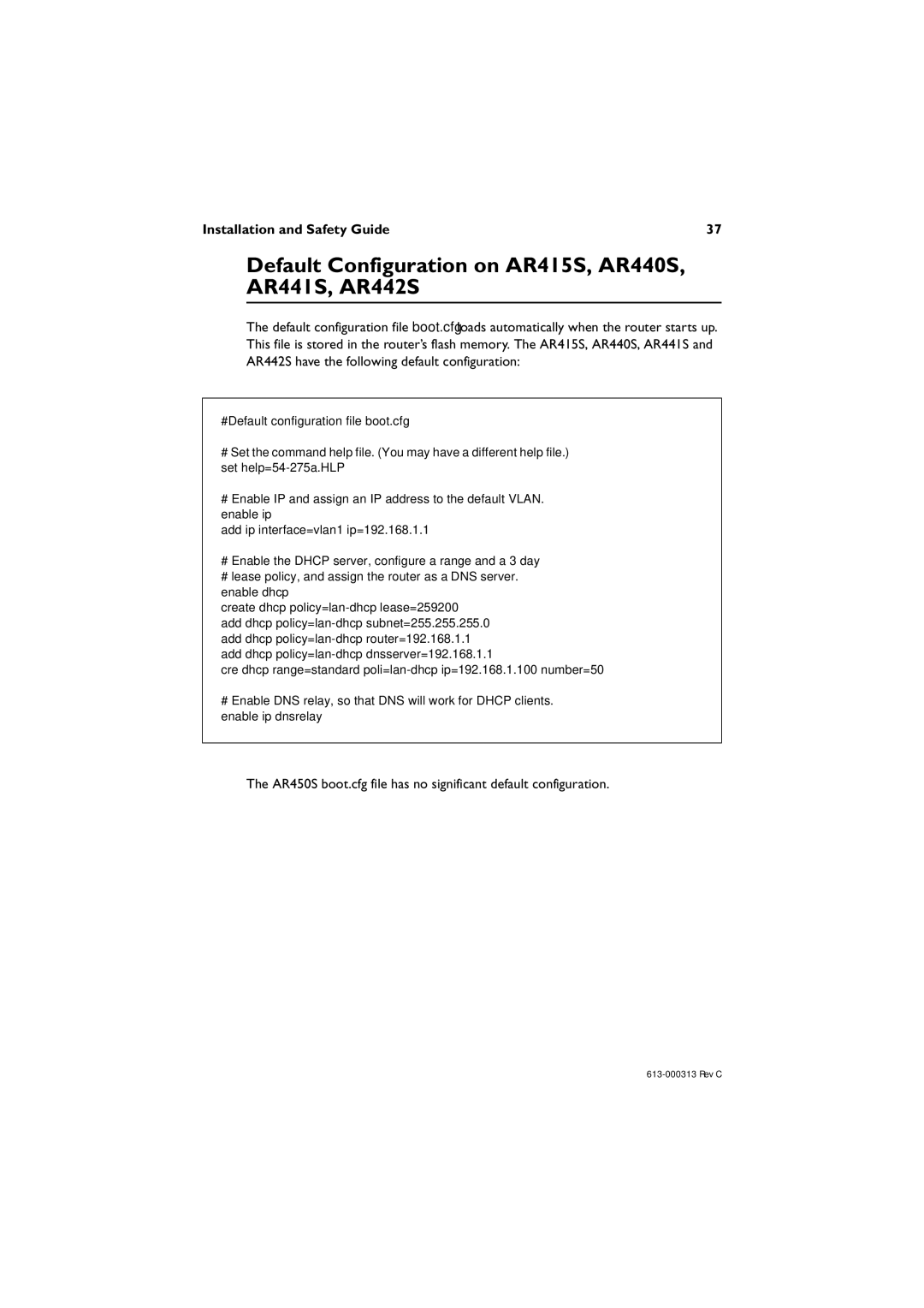 Allied Telesis AR400 series manual Default Configuration on AR415S, AR440S, AR441S, AR442S 