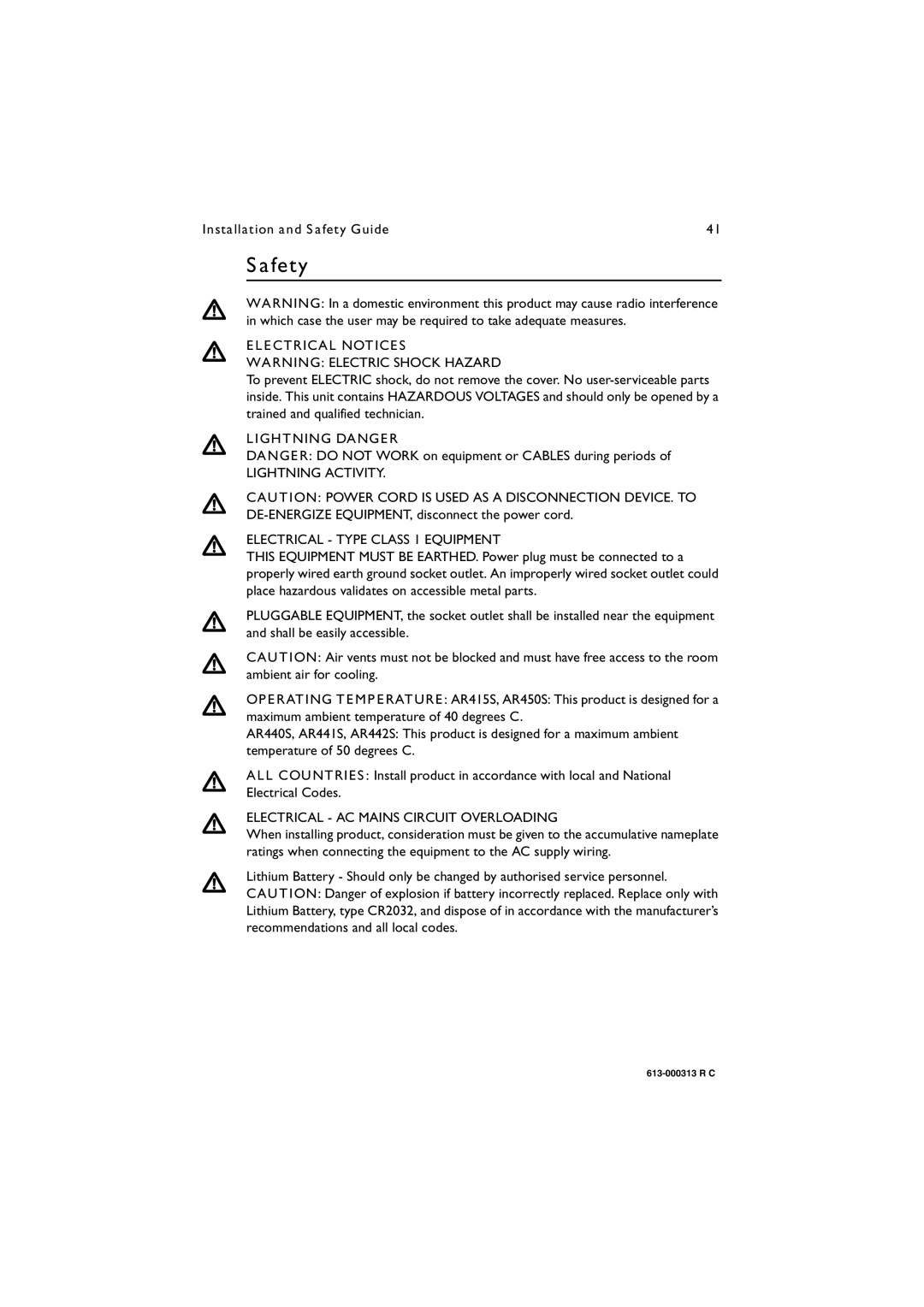 Allied Telesis AR400 series manual Safety, Electrical Notices, Lightning Danger, Electrical AC Mains Circuit Overloading 