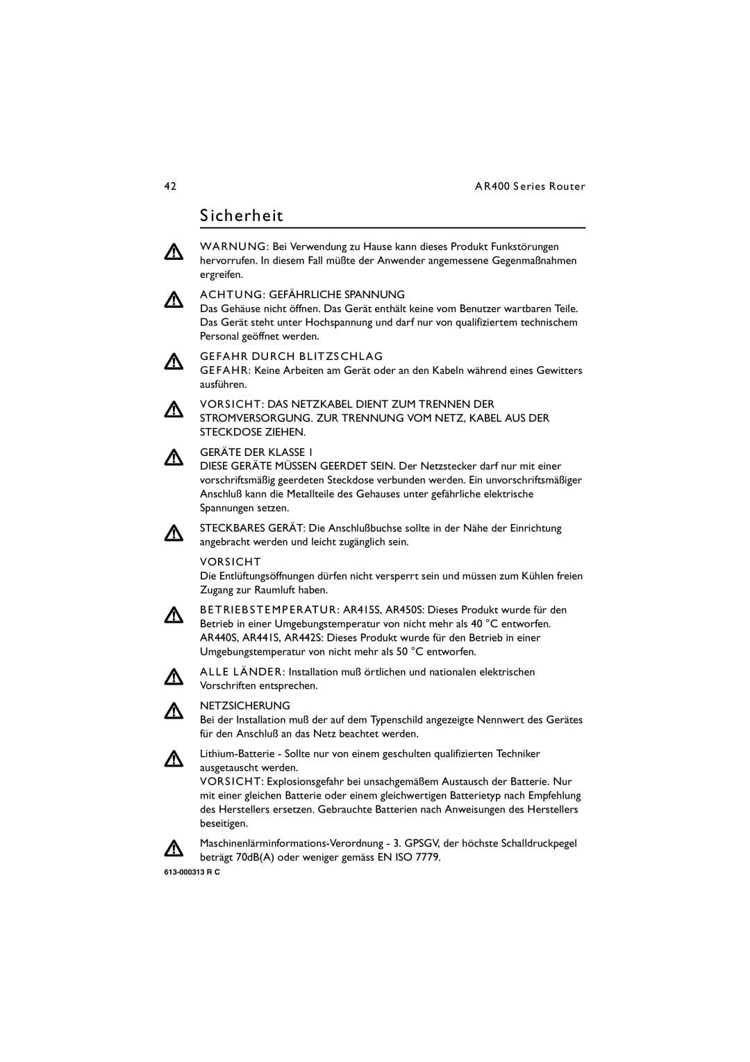 Allied Telesis AR400 series Sicherheit, Achtung Gefährliche Spannung, Gefahr Durch Blitzschlag, Vorsicht, Netzsicherung 