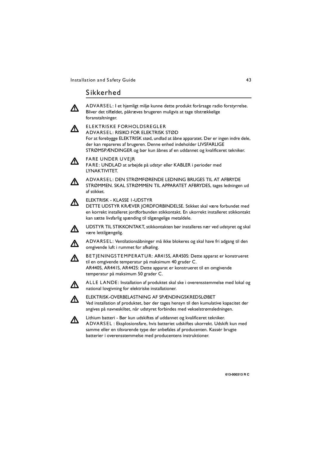 Allied Telesis AR400 series Sikkerhed, Elektriske Forholdsregler, Fare Under Uvejr, Lynaktivitet Elektrisk Klasse 1-UDSTYR 