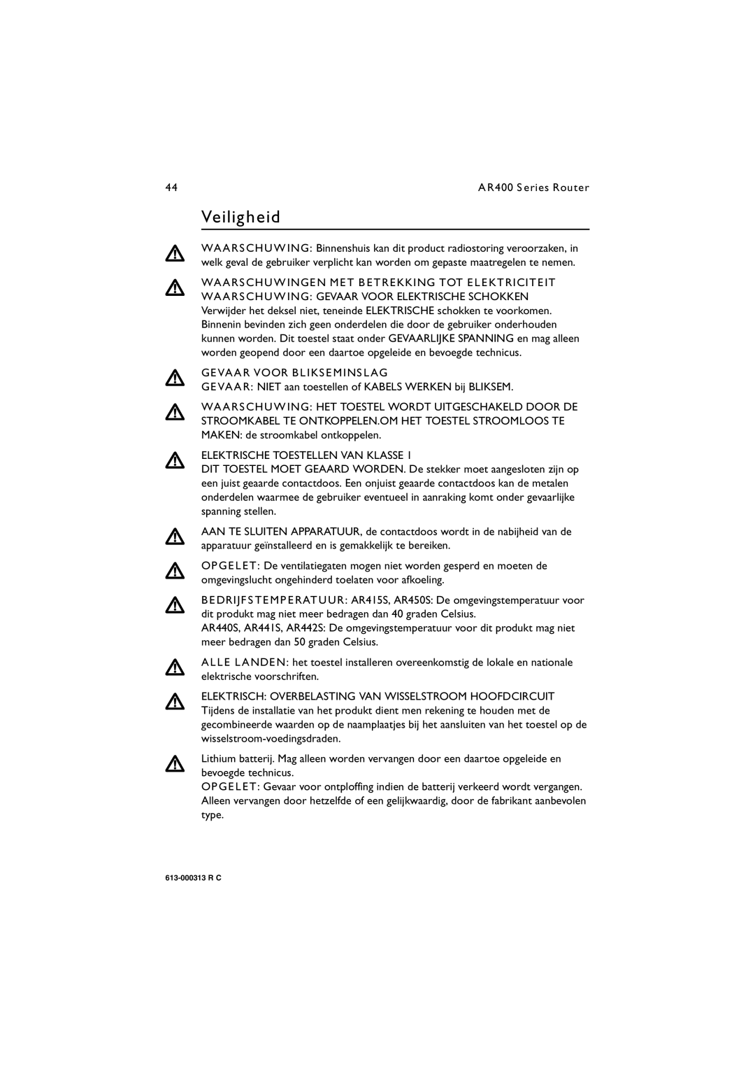 Allied Telesis AR400 series manual Veiligheid, Waarschuwingen MET Betrekking TOT Elektriciteit, Gevaar Voor Blikseminslag 