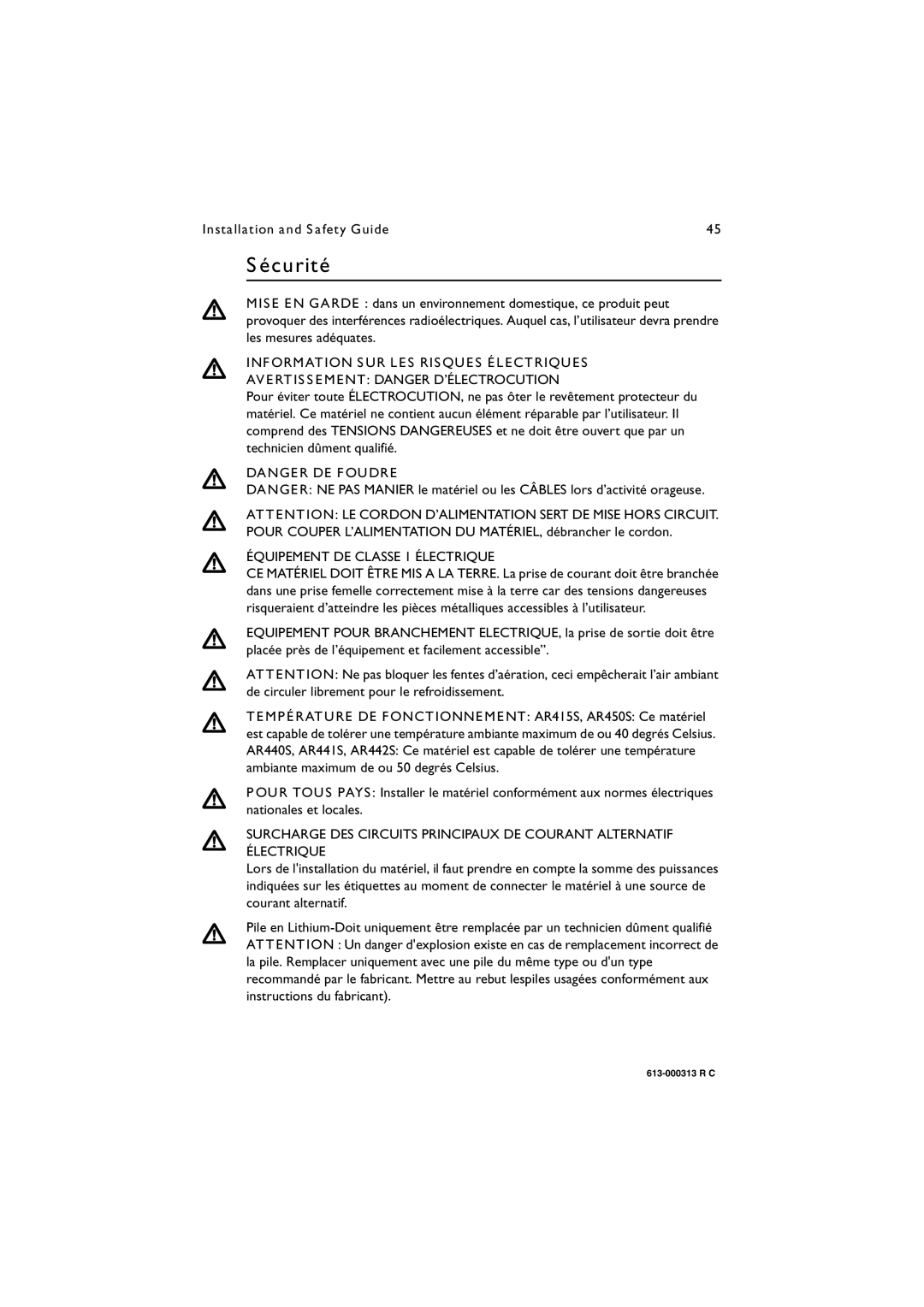 Allied Telesis AR400 series manual Sécurité, Information SUR LES Risques Électriques, Avertissement Danger D’ÉLECTROCUTION 