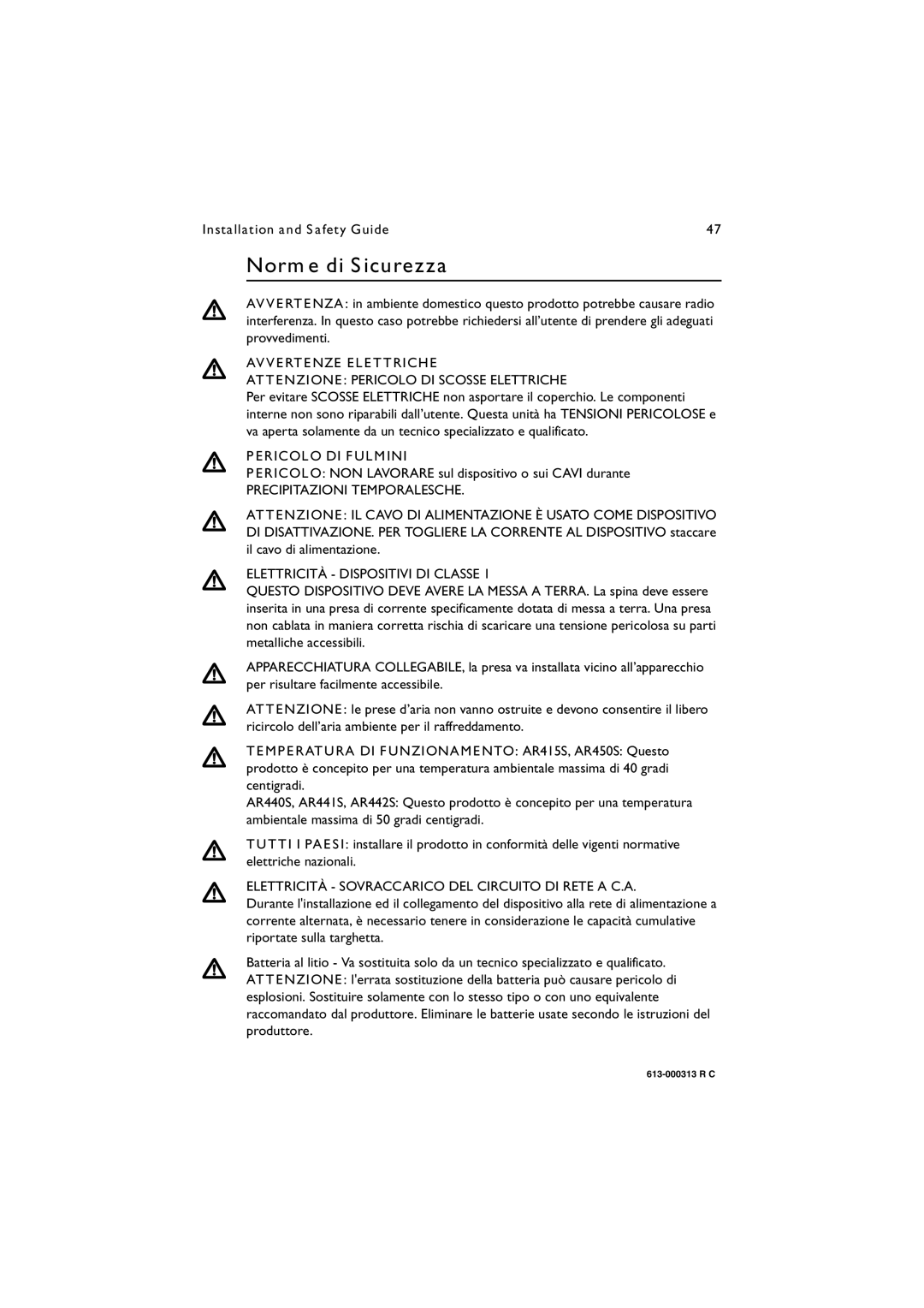 Allied Telesis AR400 series manual Norme di Sicurezza, Avvertenze Elettriche, Pericolo DI Fulmini 