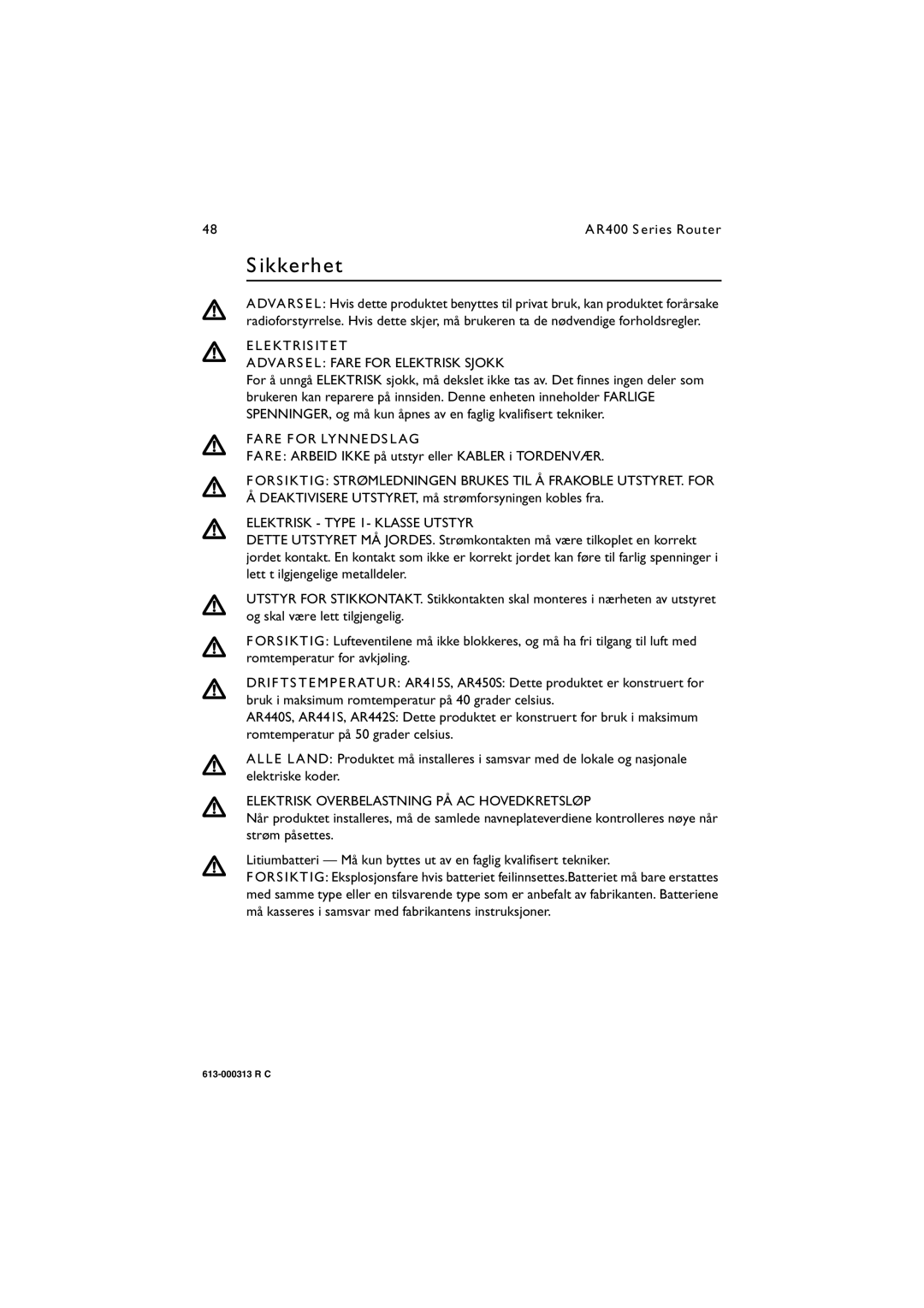 Allied Telesis AR400 series manual Sikkerhet, Elektrisitet, Fare for Lynnedslag, Elektrisk Type 1- Klasse Utstyr 