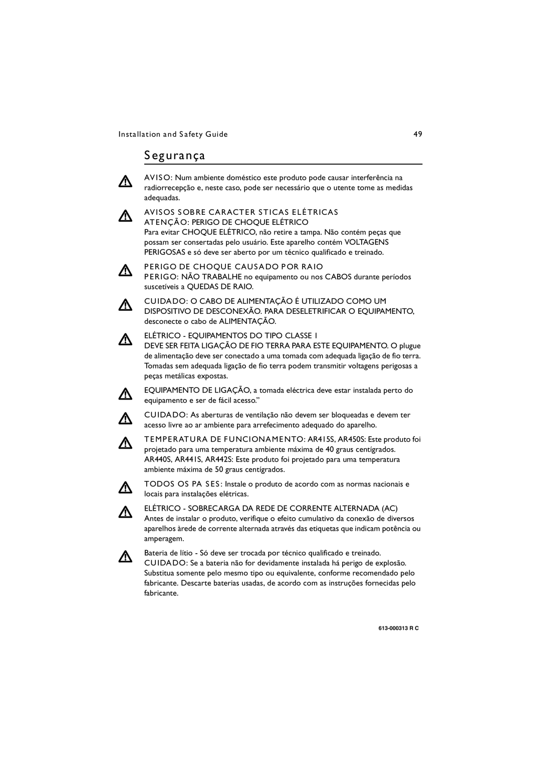 Allied Telesis AR400 series manual Segurança, Avisos Sobre Características Elétricas, Atenção Perigo DE Choque Elétrico 