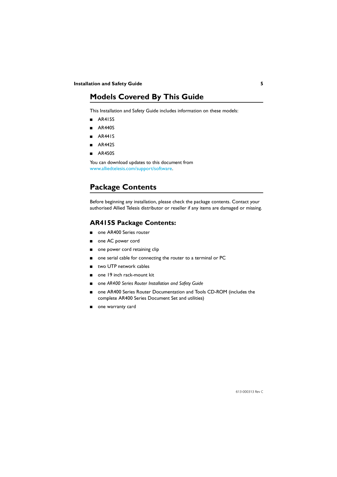 Allied Telesis AR400 series manual Models Covered By This Guide, Package Contents 