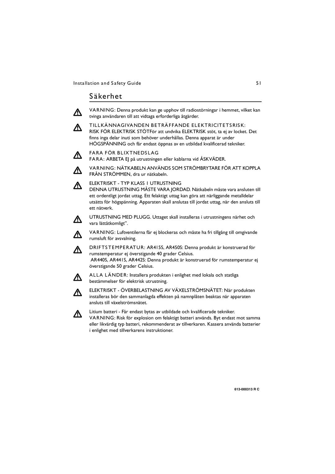 Allied Telesis AR400 series manual Säkerhet, Tillkännagivanden Beträffande Elektricitetsrisk, Fara FÖR Blixtnedslag 