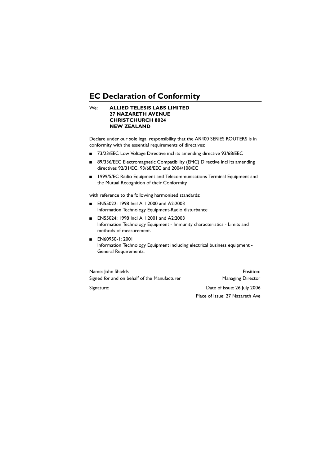 Allied Telesis AR400 series manual EC Declaration of Conformity, We Allied Telesis Labs Limited 