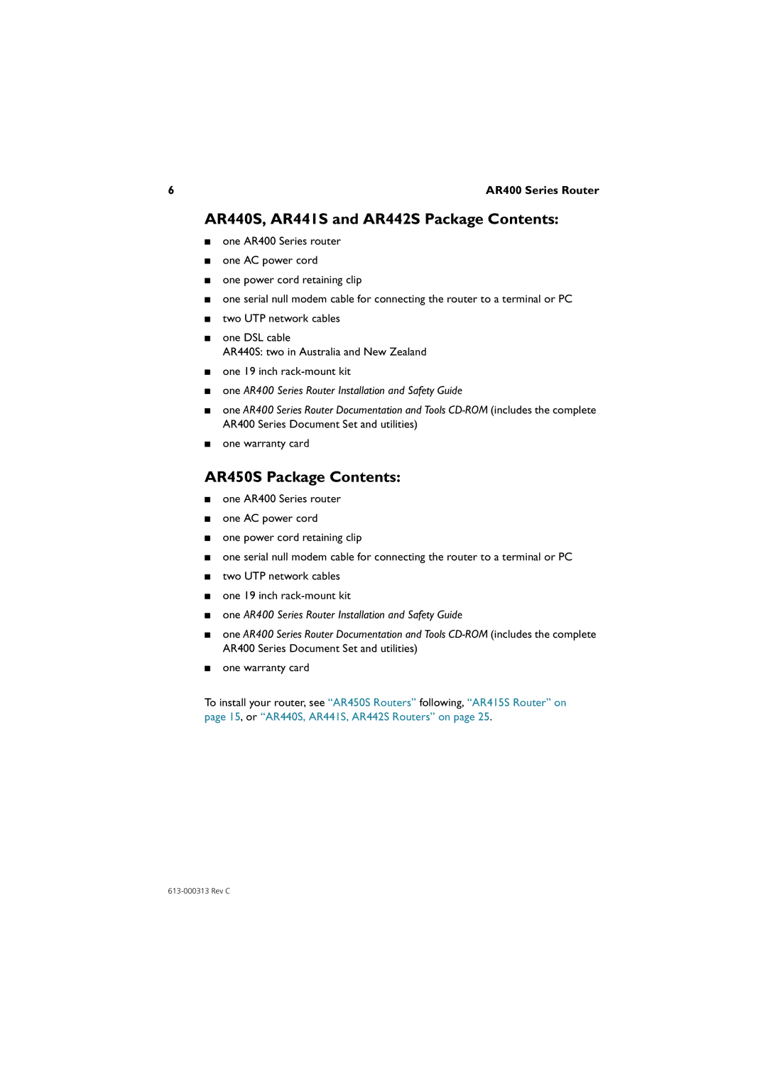 Allied Telesis AR400 series manual AR440S, AR441S and AR442S Package Contents, AR450S Package Contents 