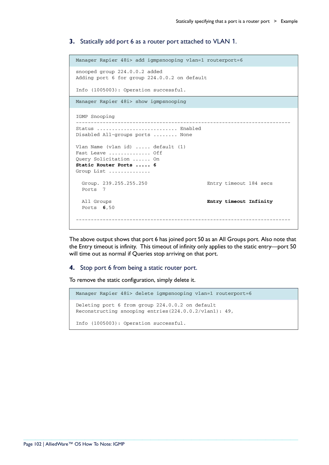 Allied Telesis AR400 Statically add port 6 as a router port attached to Vlan, Stop port 6 from being a static router port 