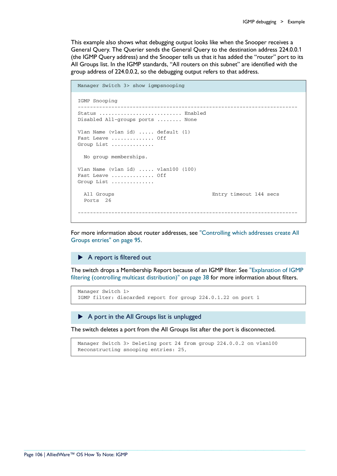 Allied Telesis AR400 Report is filtered out, Port in the All Groups list is unplugged, AlliedWare OS How To Note Igmp 