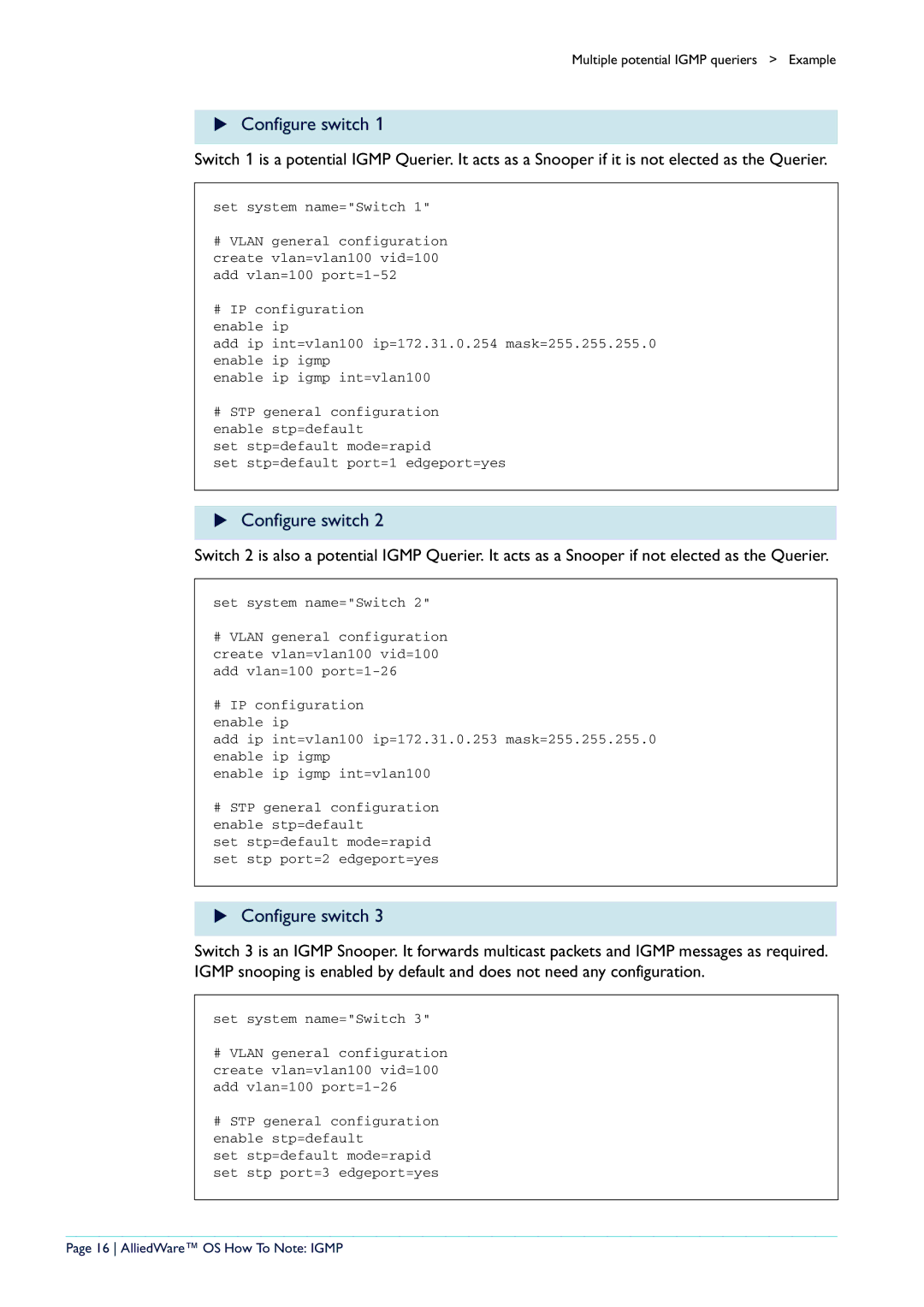 Allied Telesis AR400 manual Configure switch, AlliedWare OS How To Note Igmp 