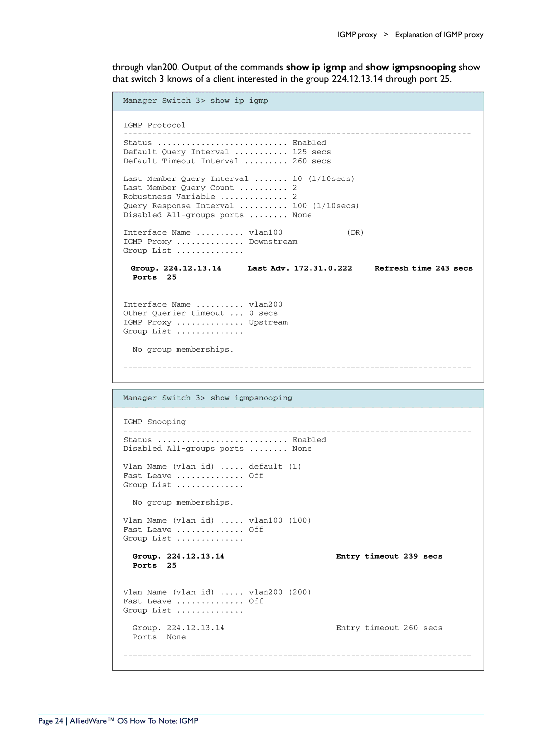 Allied Telesis AR400 manual Group Entry timeout Secs Ports, AlliedWare OS How To Note Igmp 