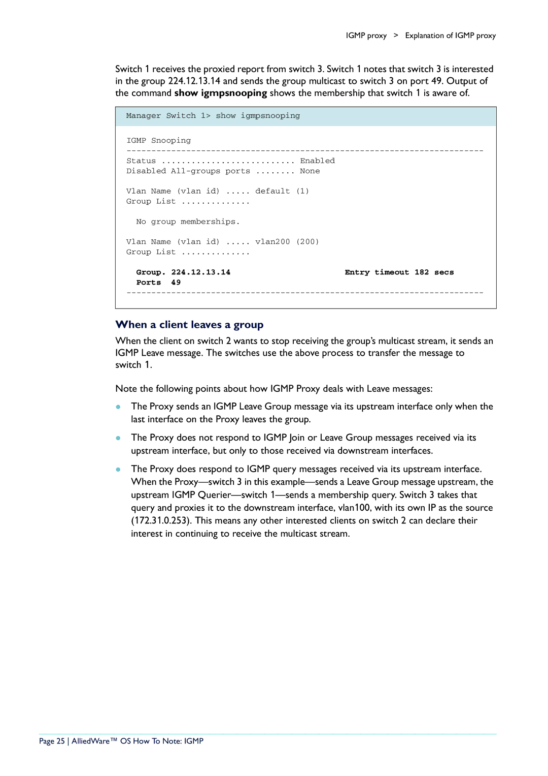 Allied Telesis AR400 manual Group Entry timeout 182 secs Ports, AlliedWare OS How To Note Igmp 