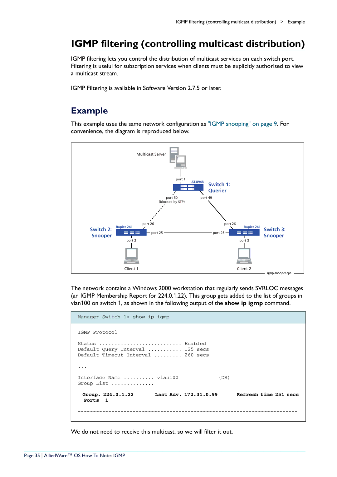 Allied Telesis AR400 manual Igmp filtering controlling multicast distribution, AlliedWare OS How To Note Igmp 