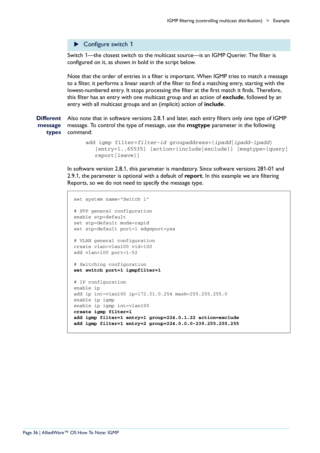 Allied Telesis AR400 manual Types command, Set switch port=1 igmpfilter=1, AlliedWare OS How To Note Igmp 