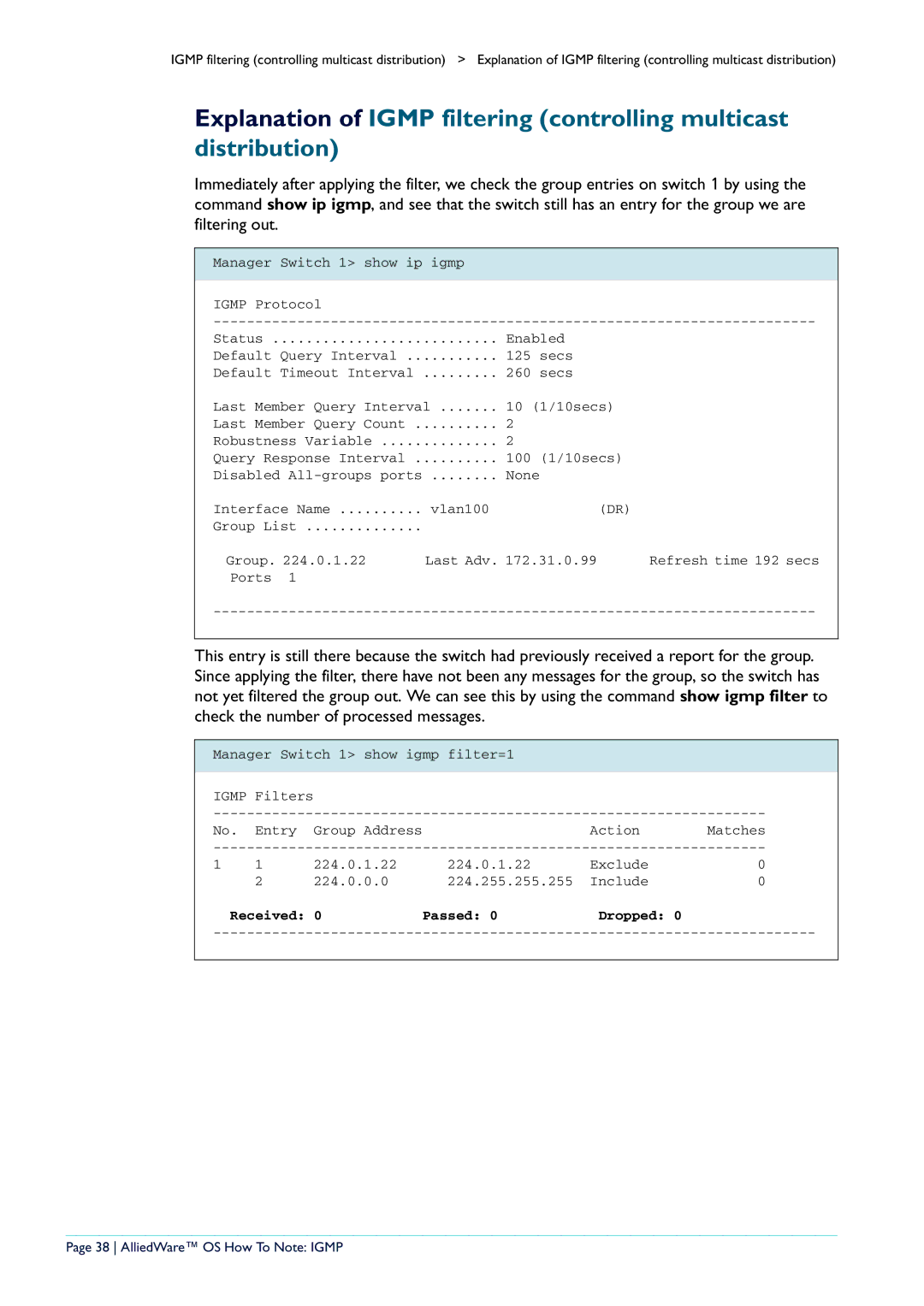 Allied Telesis AR400 manual Received Passed Dropped, AlliedWare OS How To Note Igmp 