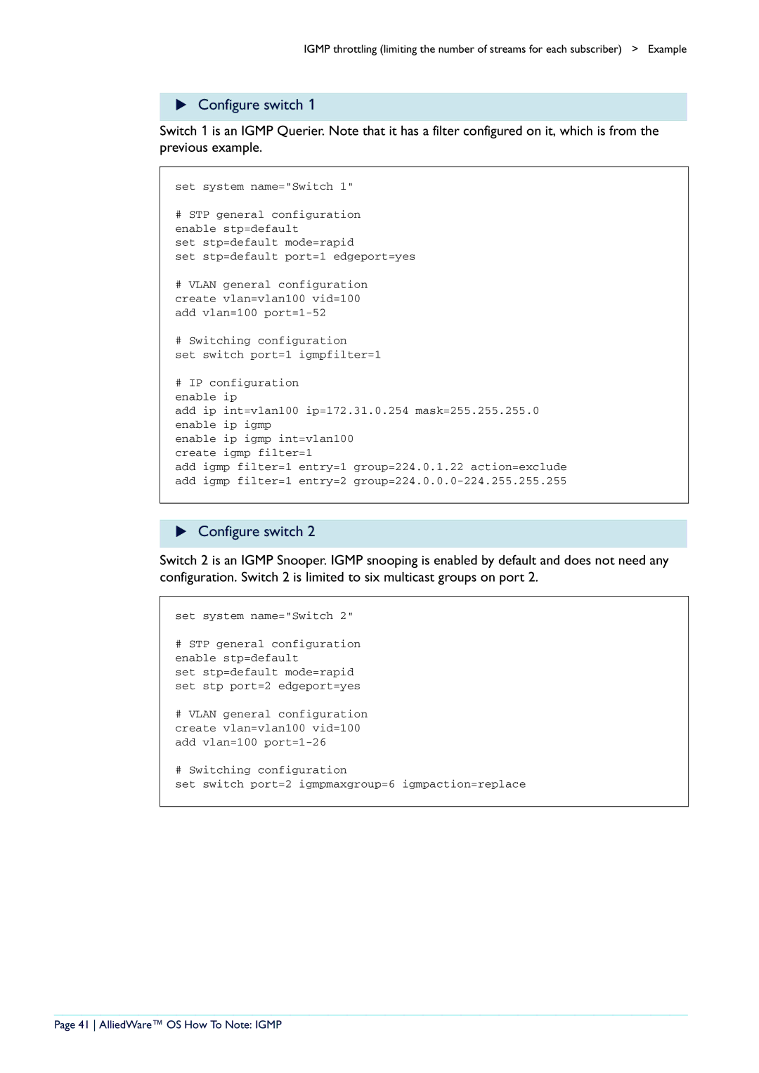 Allied Telesis AR400 manual Configure switch, AlliedWare OS How To Note Igmp 