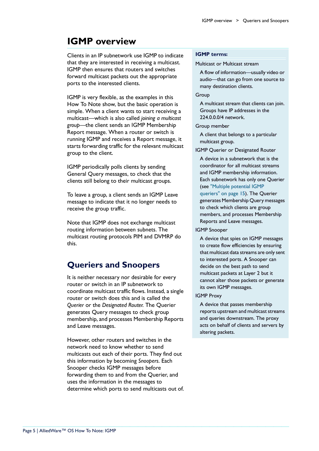 Allied Telesis AR400 manual Igmp overview, Queriers and Snoopers, AlliedWare OS How To Note Igmp 