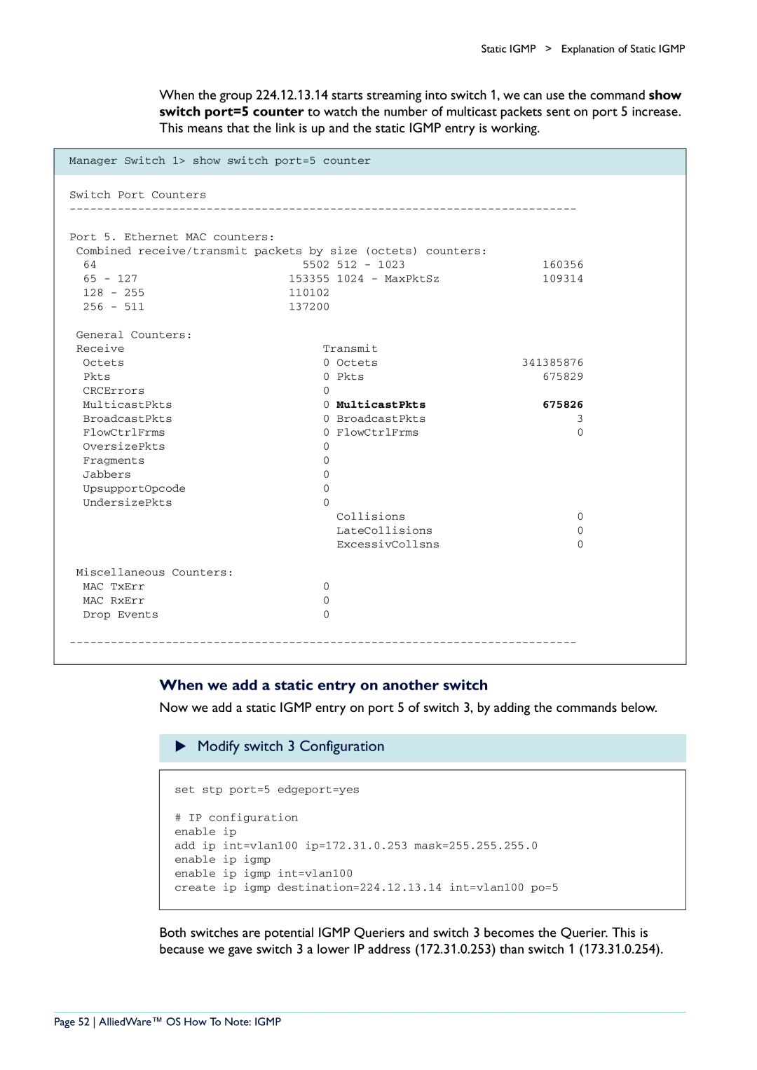 Allied Telesis AR400 When we add a static entry on another switch, Modify switch 3 Configuration, MulticastPkts 675826 