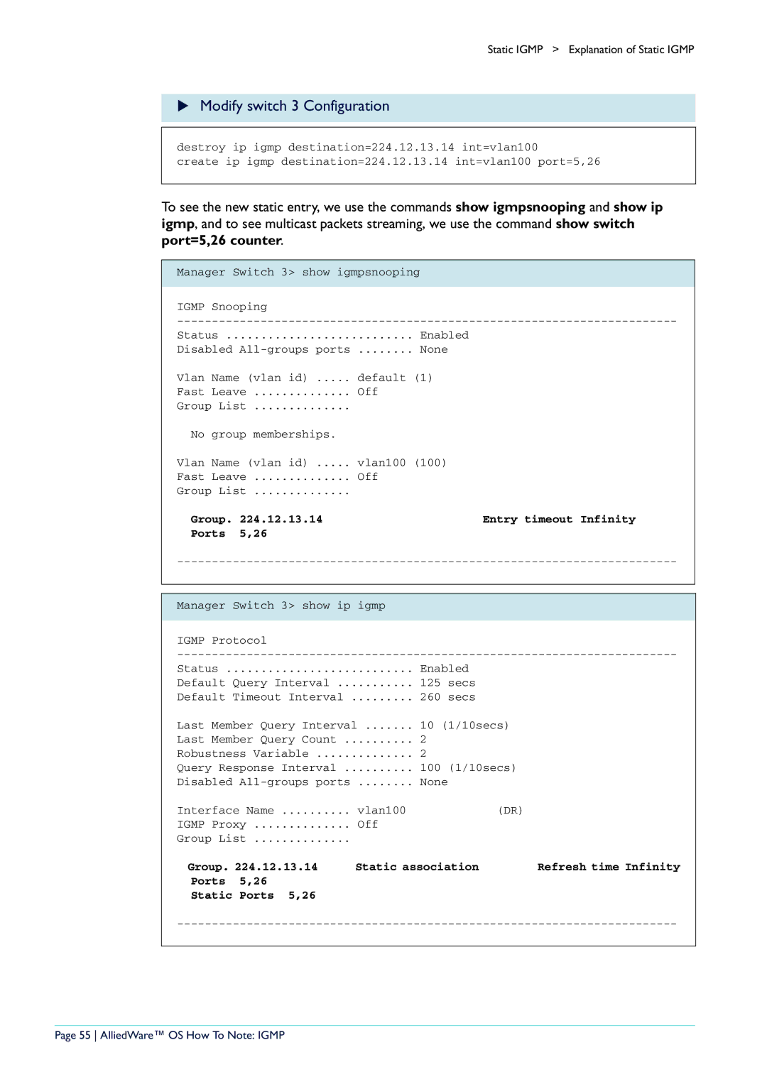 Allied Telesis AR400 manual Group Entry timeout Infinity Ports 5,26, AlliedWare OS How To Note Igmp 