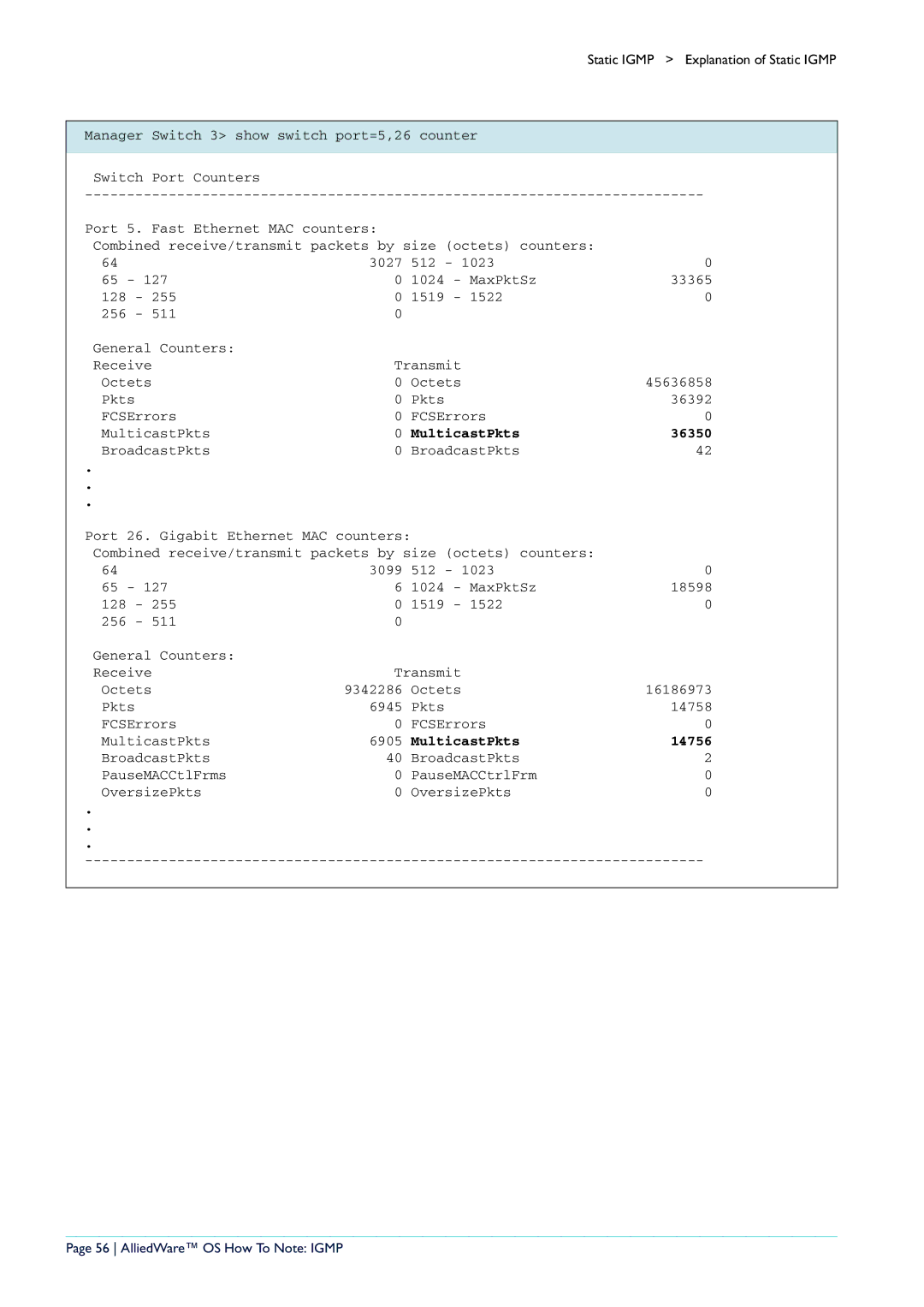 Allied Telesis AR400 manual MulticastPkts 36350, MulticastPkts 14756, AlliedWare OS How To Note Igmp 