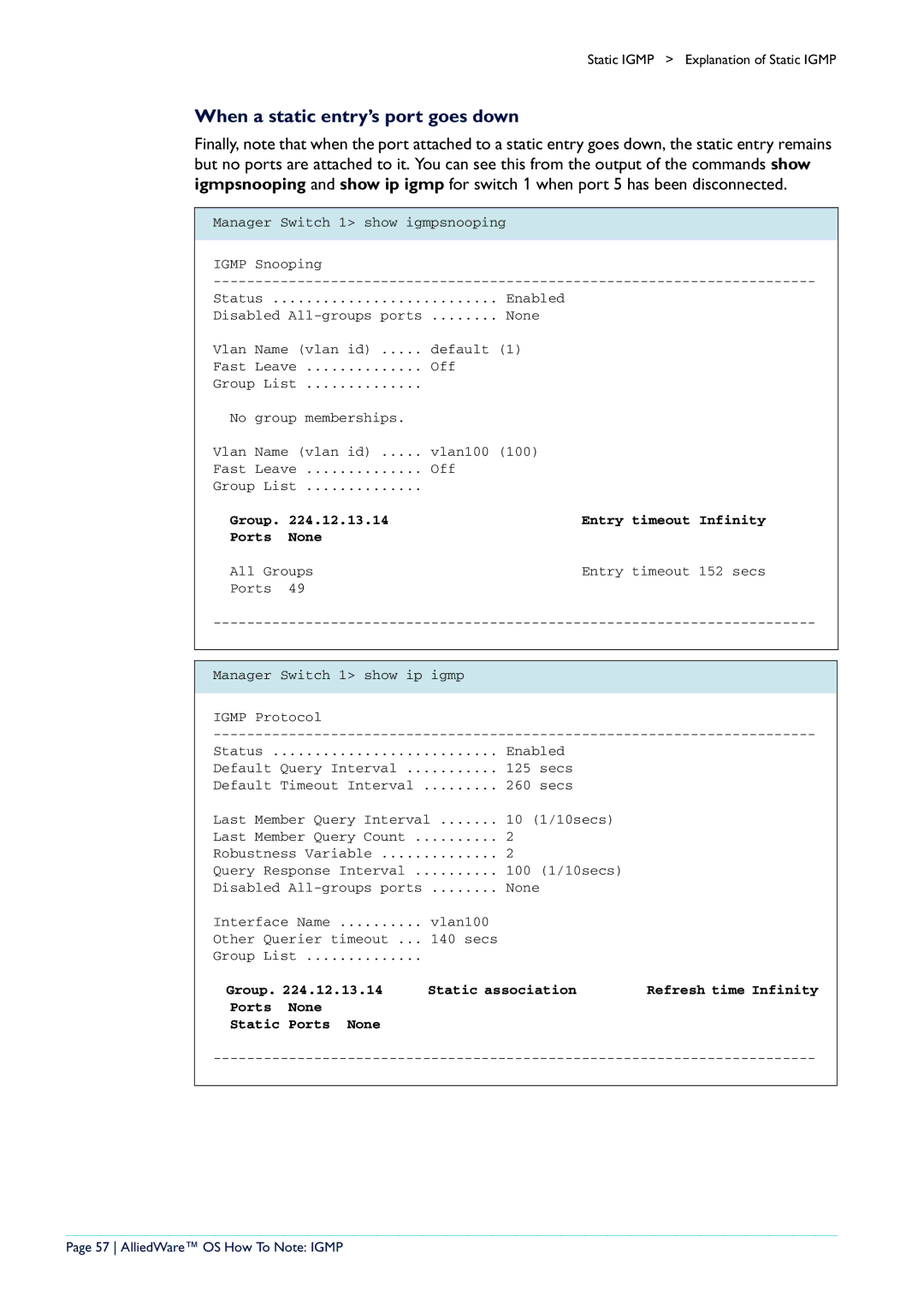 Allied Telesis AR400 manual When a static entry’s port goes down, Group Entry timeout Infinity Ports None 