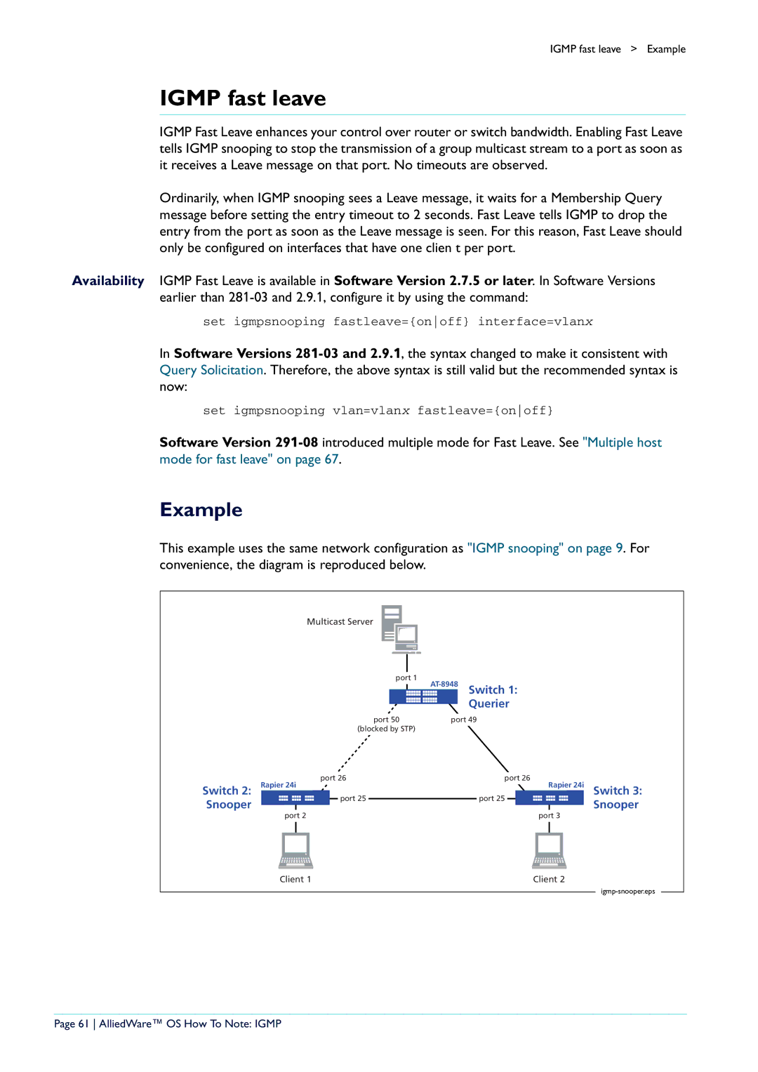 Allied Telesis AR400 manual Igmp fast leave, AlliedWare OS How To Note Igmp 