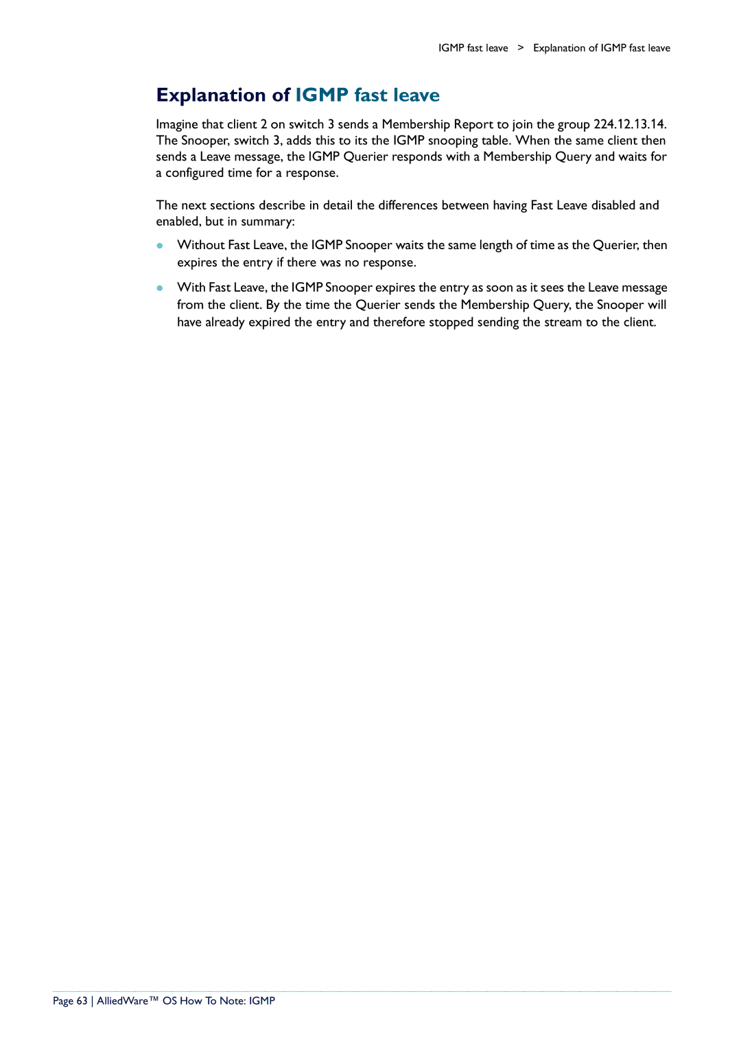 Allied Telesis AR400 manual Explanation of Igmp fast leave, AlliedWare OS How To Note Igmp 