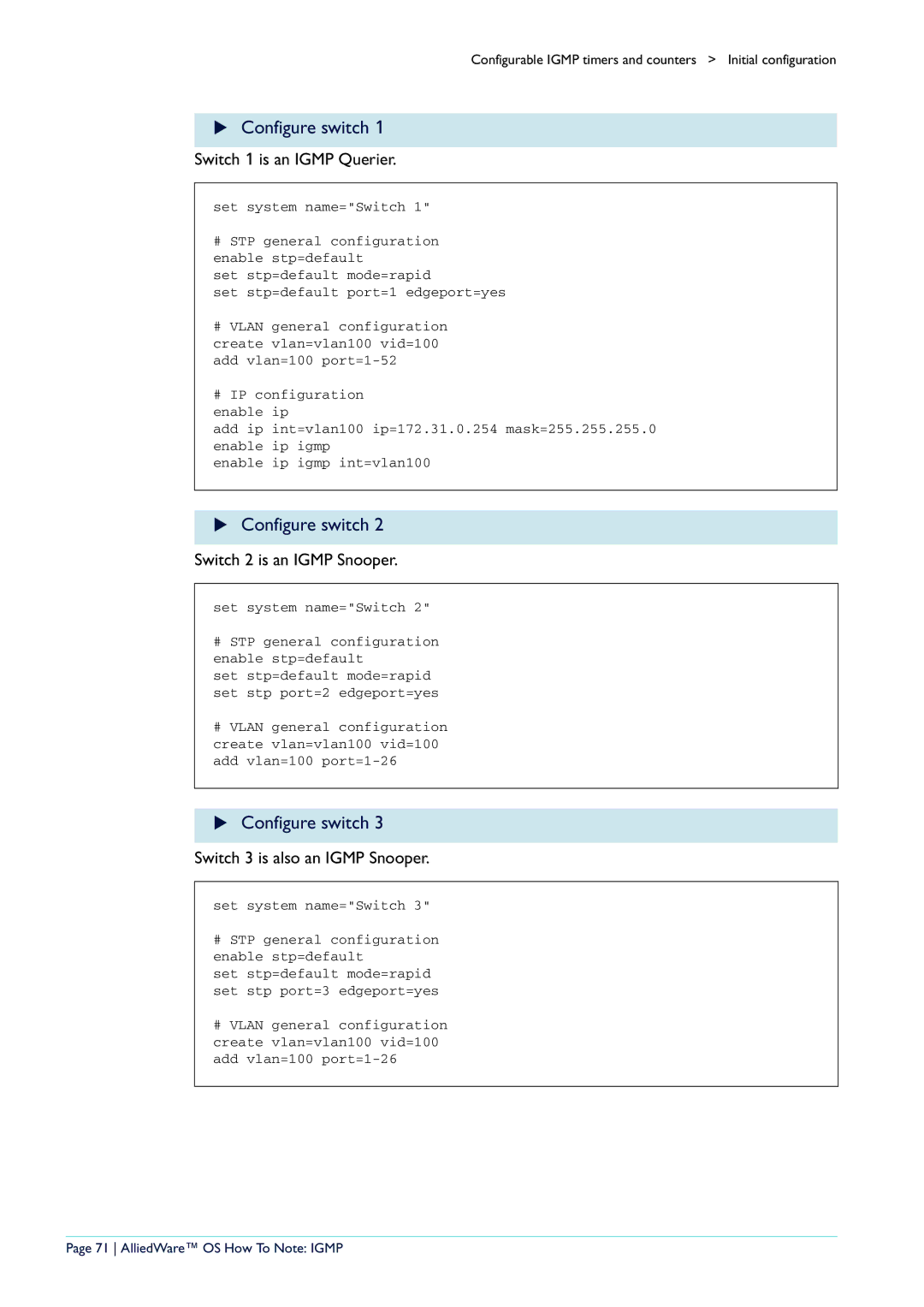 Allied Telesis AR400 manual Configure switch, AlliedWare OS How To Note Igmp 