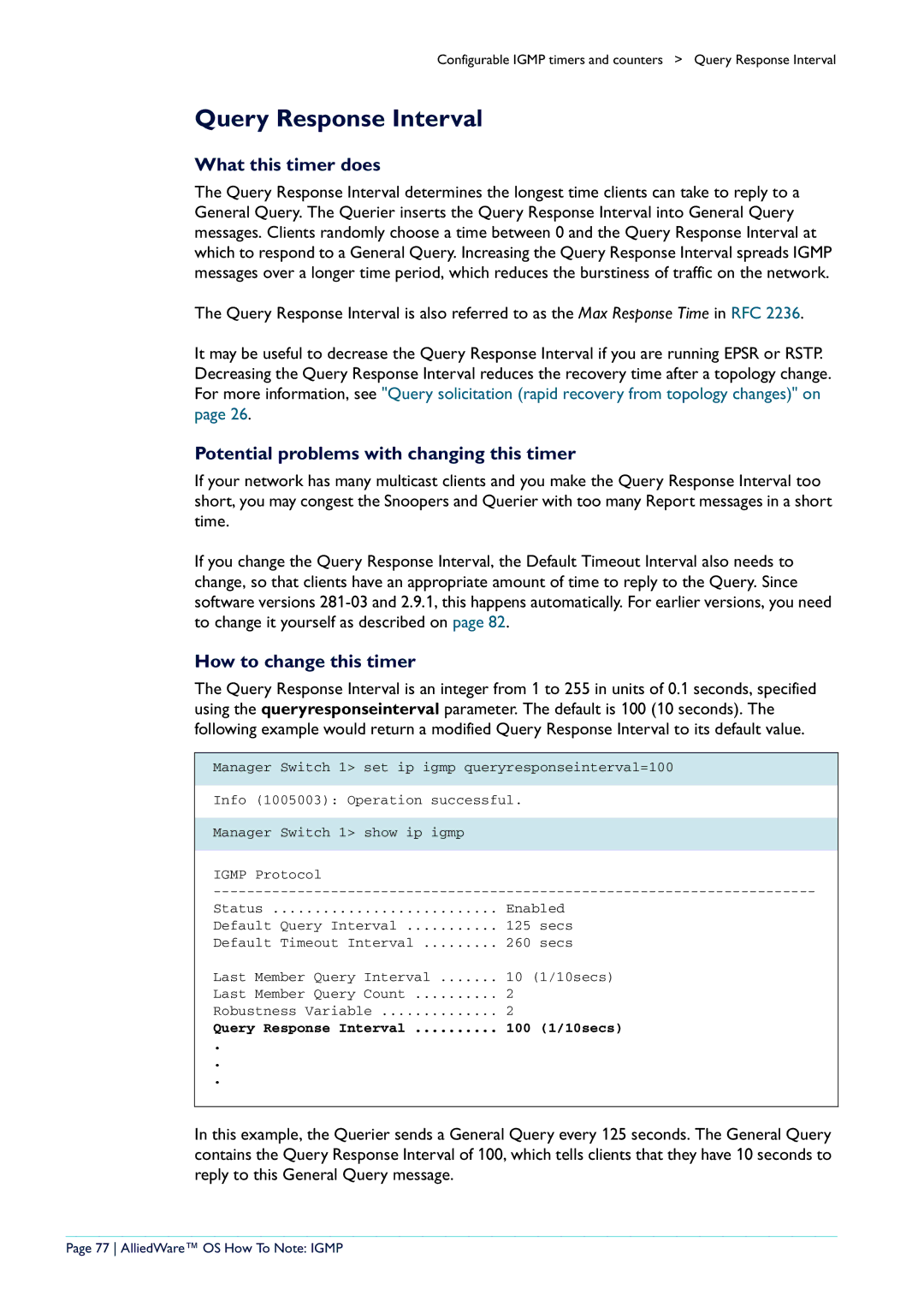 Allied Telesis AR400 manual Query Response Interval 100 10secs, AlliedWare OS How To Note Igmp 