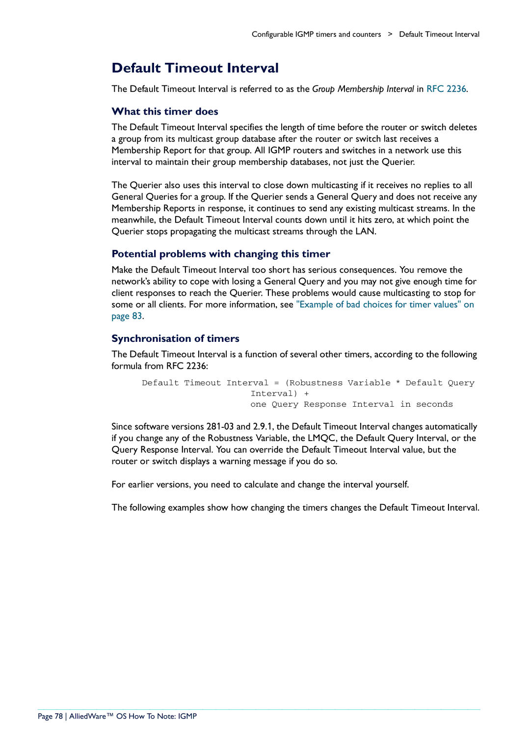 Allied Telesis AR400 manual Default Timeout Interval, Synchronisation of timers, AlliedWare OS How To Note Igmp 