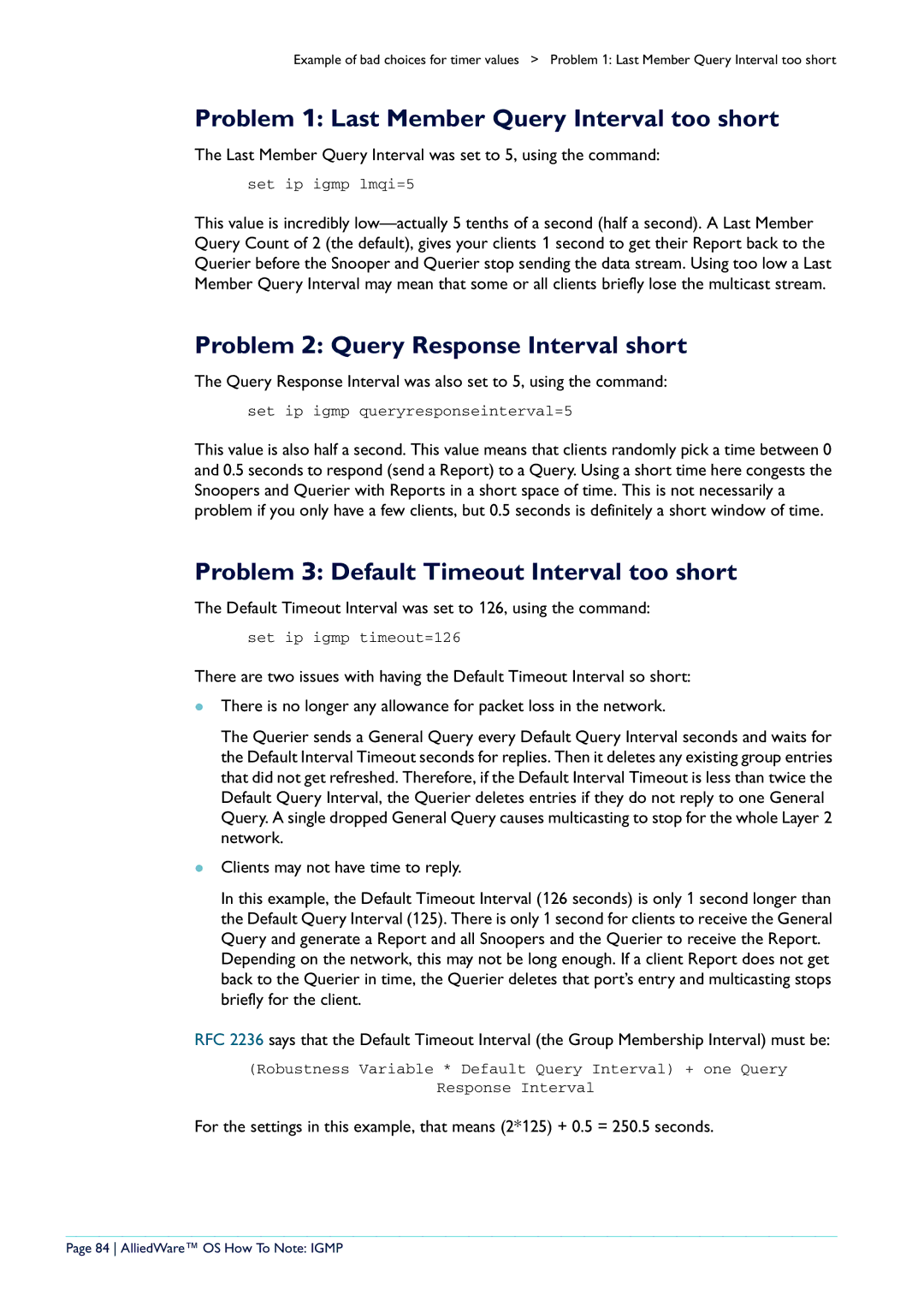 Allied Telesis AR400 manual Problem 1 Last Member Query Interval too short, Problem 2 Query Response Interval short 