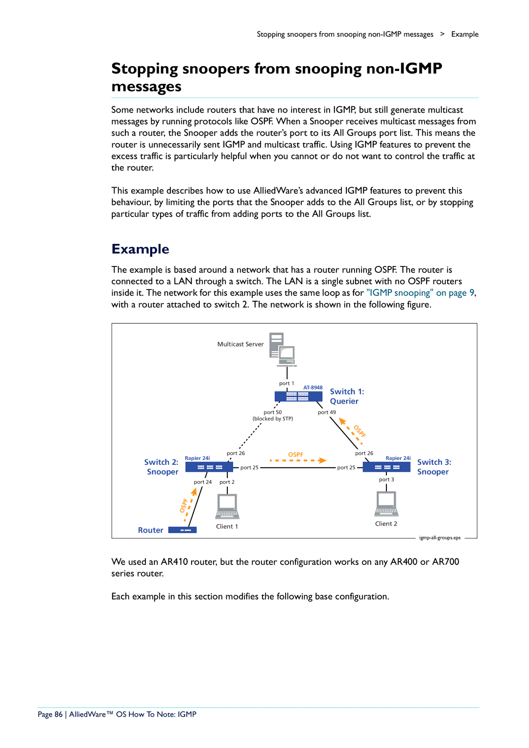 Allied Telesis AR400 manual Stopping snoopers from snooping non-IGMP messages, AlliedWare OS How To Note Igmp 