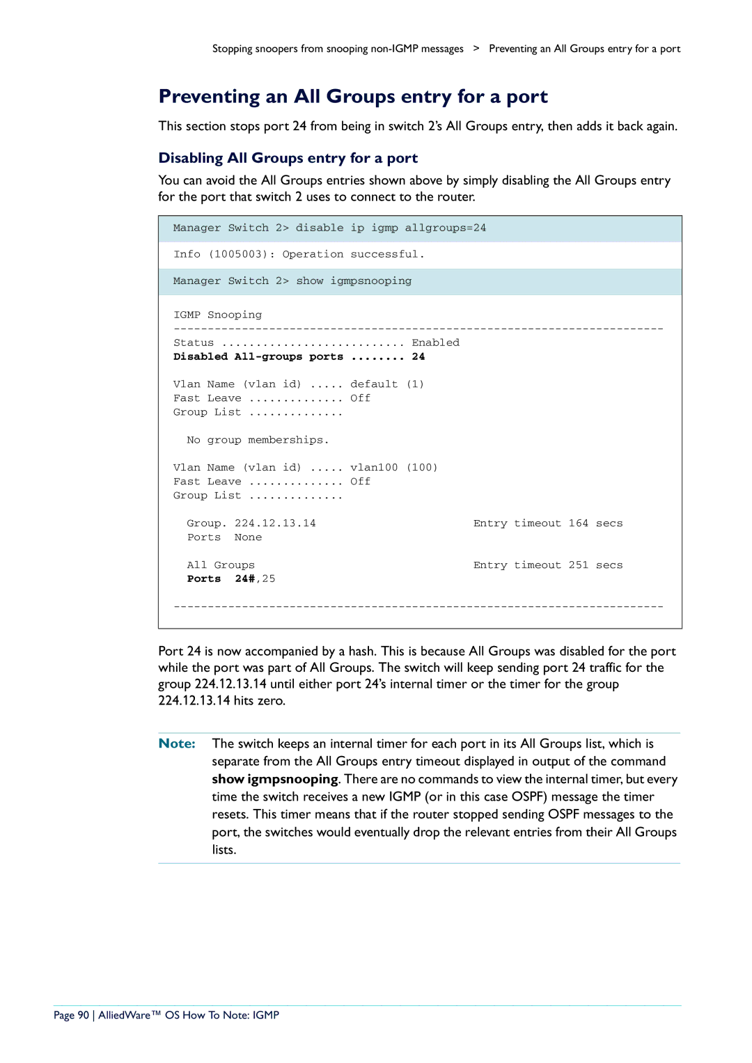 Allied Telesis AR400 manual Preventing an All Groups entry for a port, Disabling All Groups entry for a port, Ports 24# ,25 