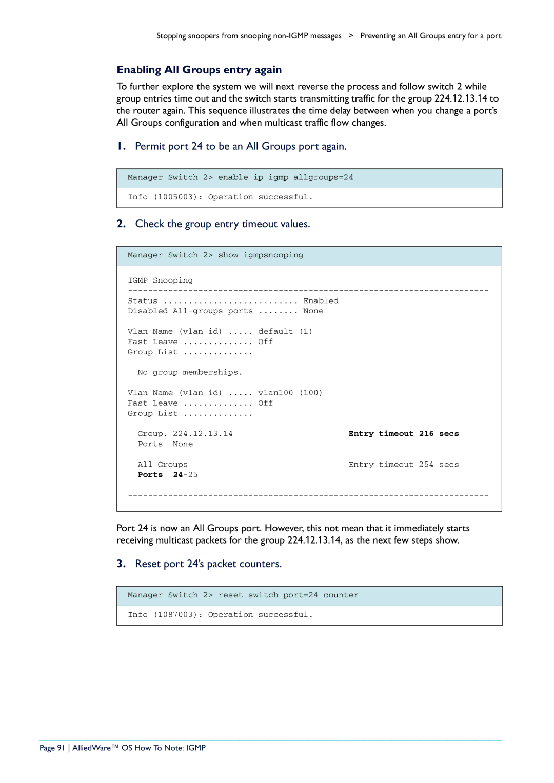 Allied Telesis AR400 manual Enabling All Groups entry again, Permit port 24 to be an All Groups port again 