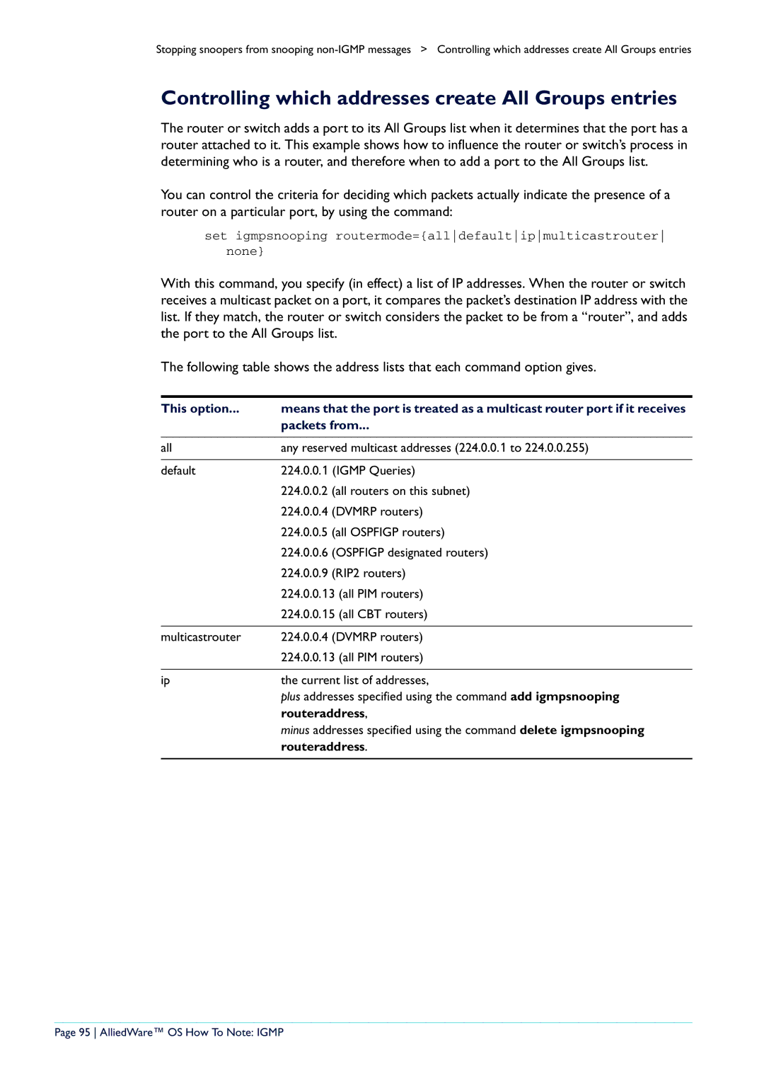 Allied Telesis AR400 manual Controlling which addresses create All Groups entries, AlliedWare OS How To Note Igmp 