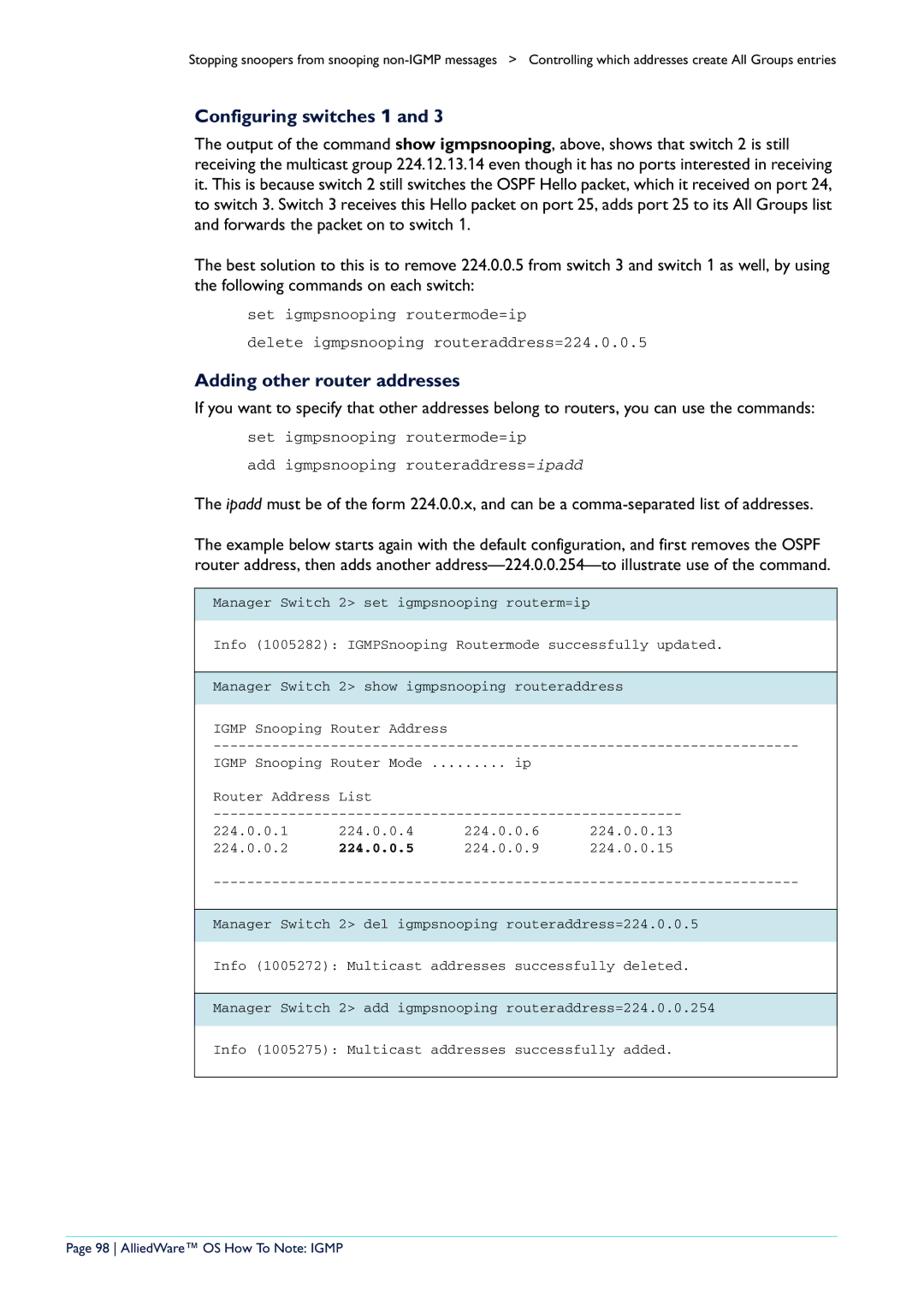 Allied Telesis AR400 manual Configuring switches 1, Adding other router addresses, AlliedWare OS How To Note Igmp 