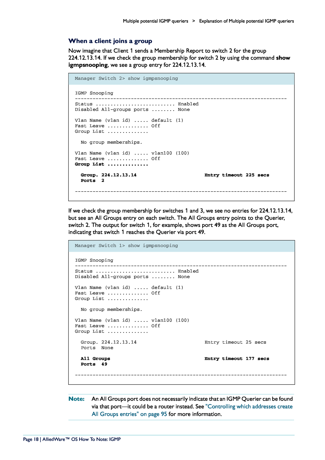 Allied Telesis AR400 manual When a client joins a group, Page 18 AlliedWare OS How To Note IGMP 