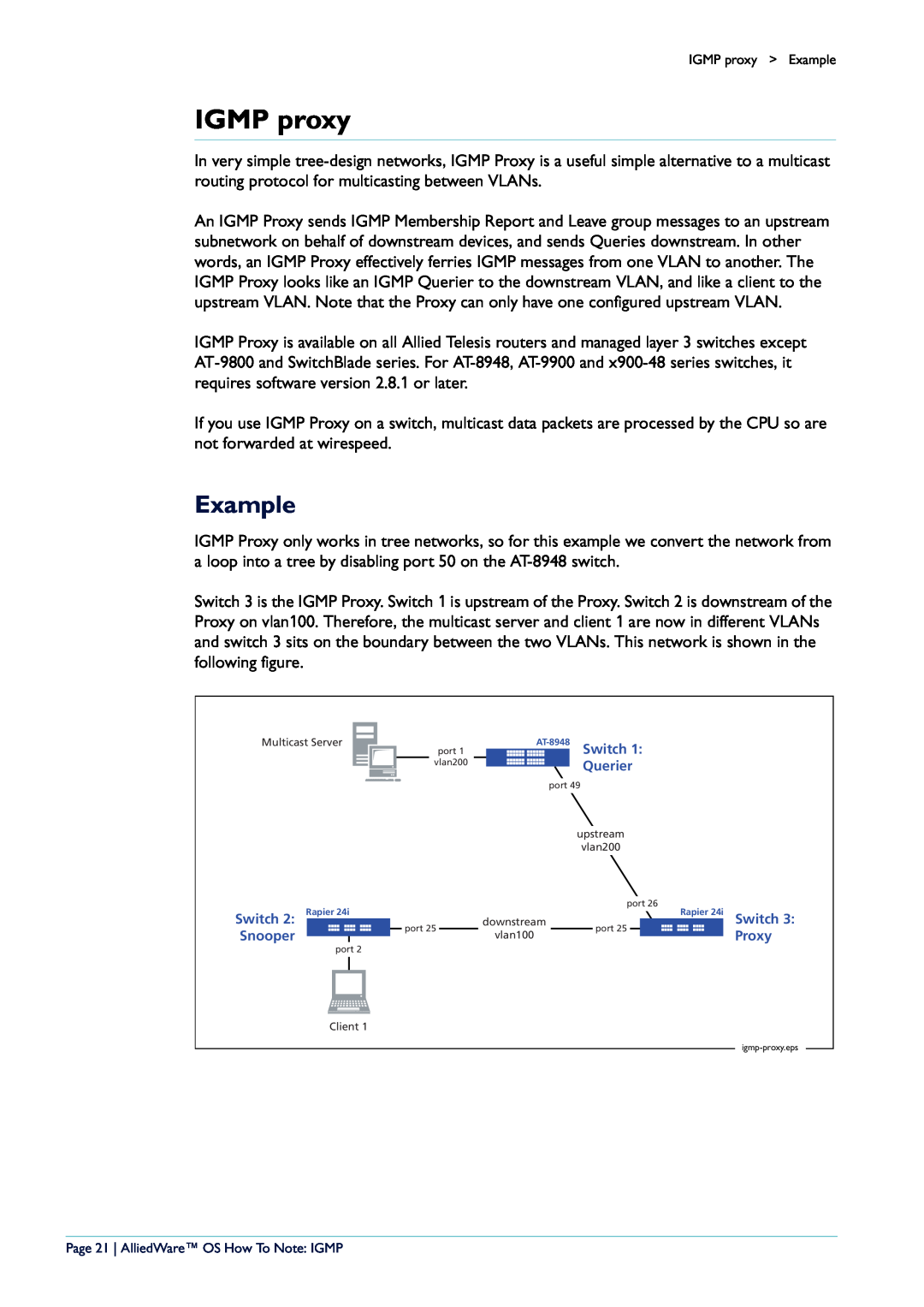 Allied Telesis AR400 manual IGMP proxy, Example, Page 21 AlliedWare OS How To Note IGMP 