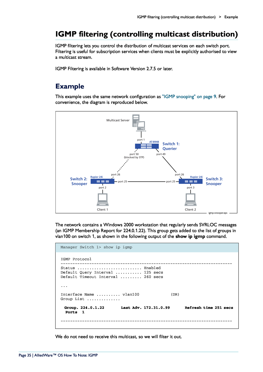 Allied Telesis AR400 manual IGMP filtering controlling multicast distribution, Example 