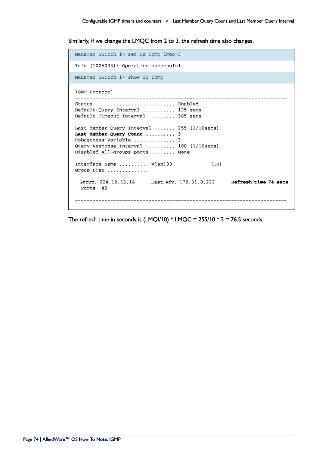Allied Telesis AR400 manual Last Member Query Count, Page 74 AlliedWare OS How To Note IGMP 