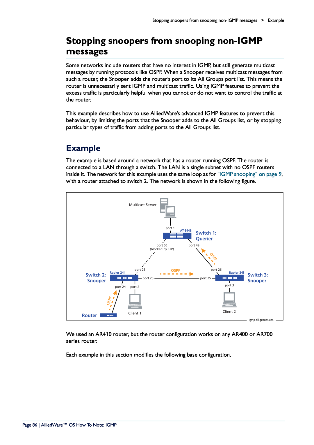 Allied Telesis AR400 manual Stopping snoopers from snooping non-IGMP messages, Example, Ospf 