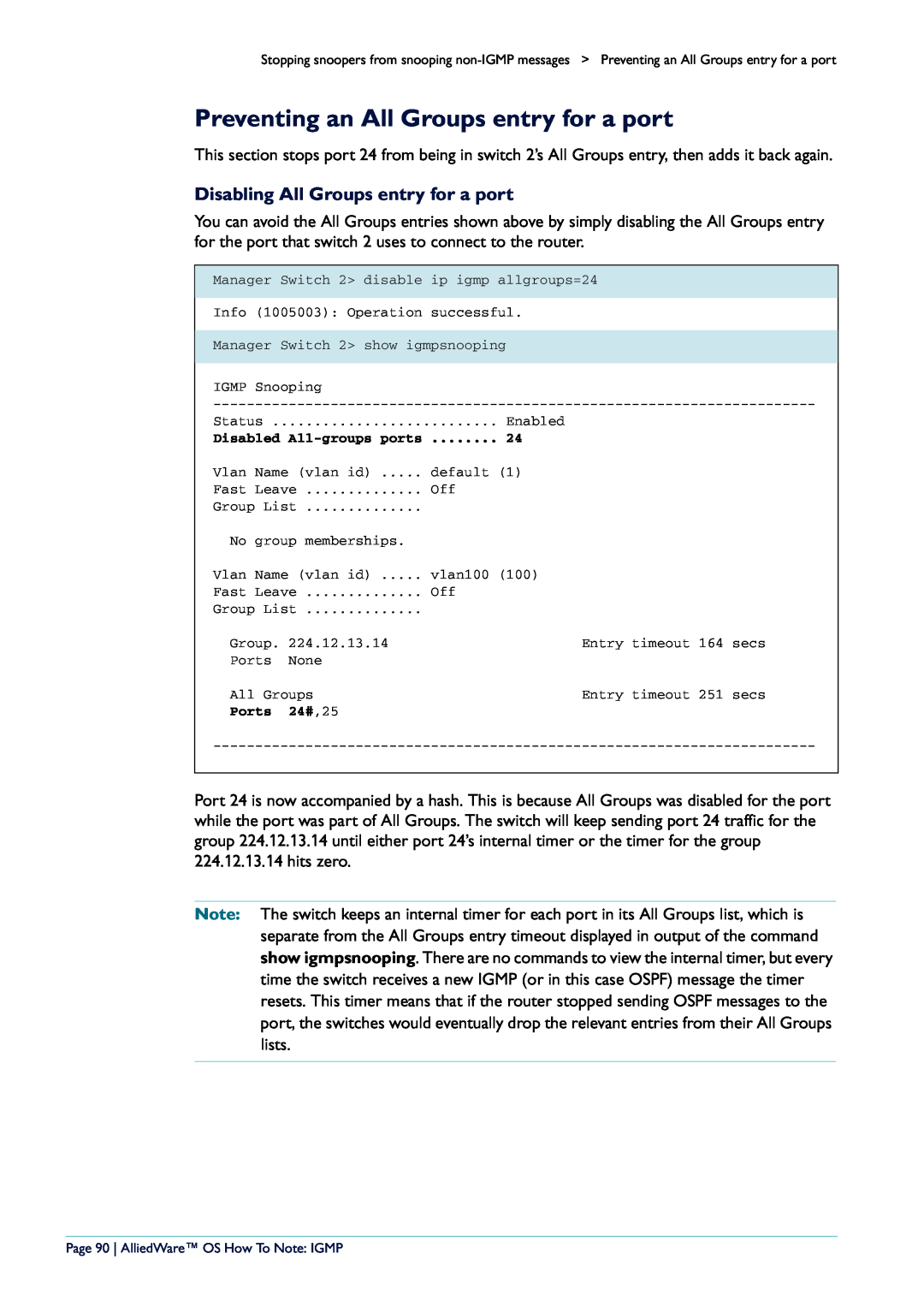 Allied Telesis AR400 manual Preventing an All Groups entry for a port, Disabling All Groups entry for a port 