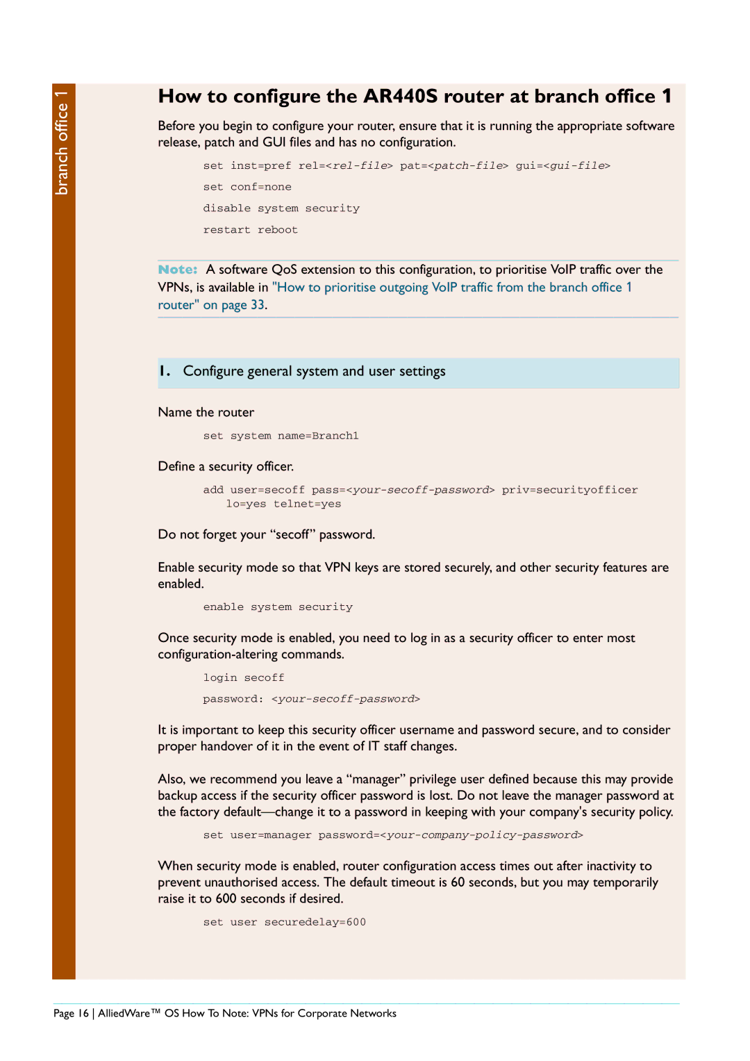 Allied Telesis manual How to configure the AR440S router at branch office, Configure general system and user settings 