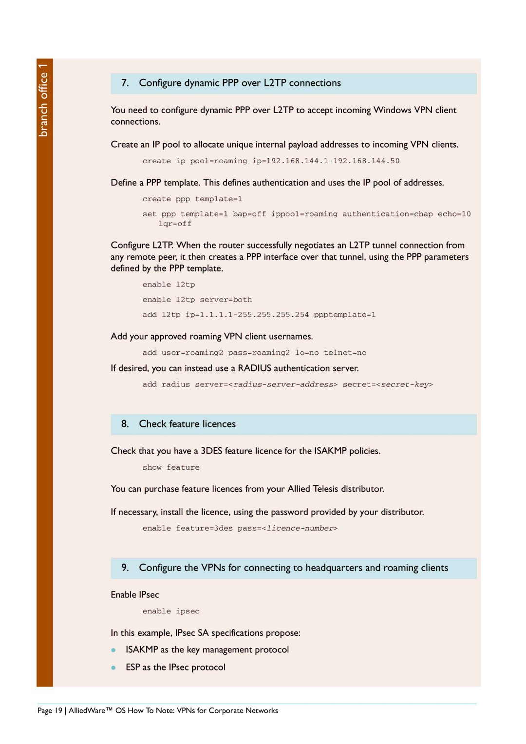 Allied Telesis AR440S manual Create ip pool=roaming ip=192.168.144.1-192.168.144.50 