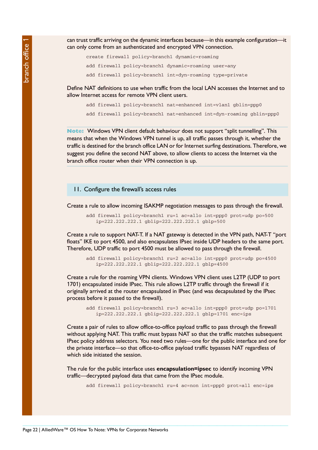 Allied Telesis AR440S manual AlliedWare OS How To Note VPNs for Corporate Networks 