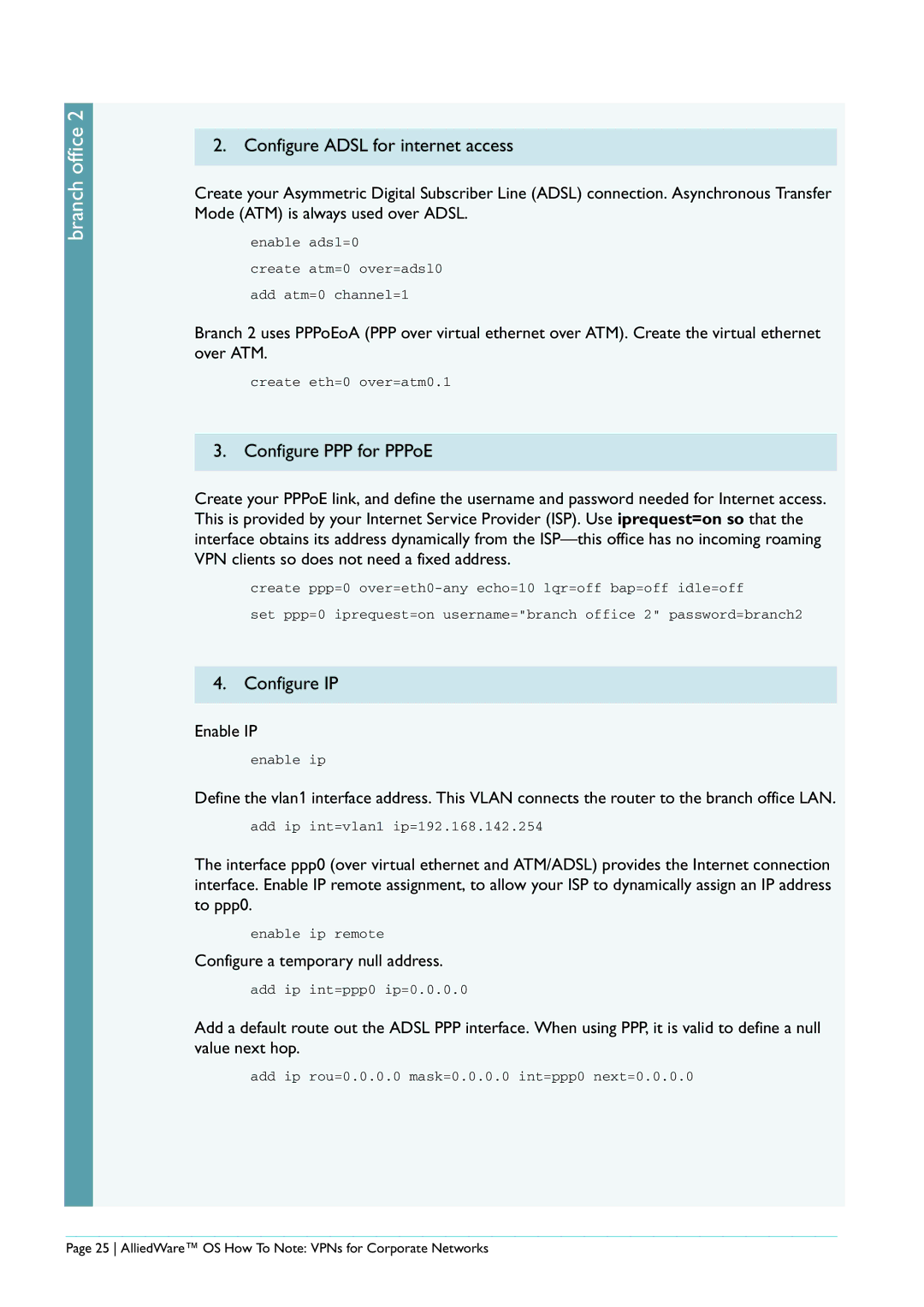 Allied Telesis AR440S manual Configure Adsl for internet access, Configure PPP for PPPoE 